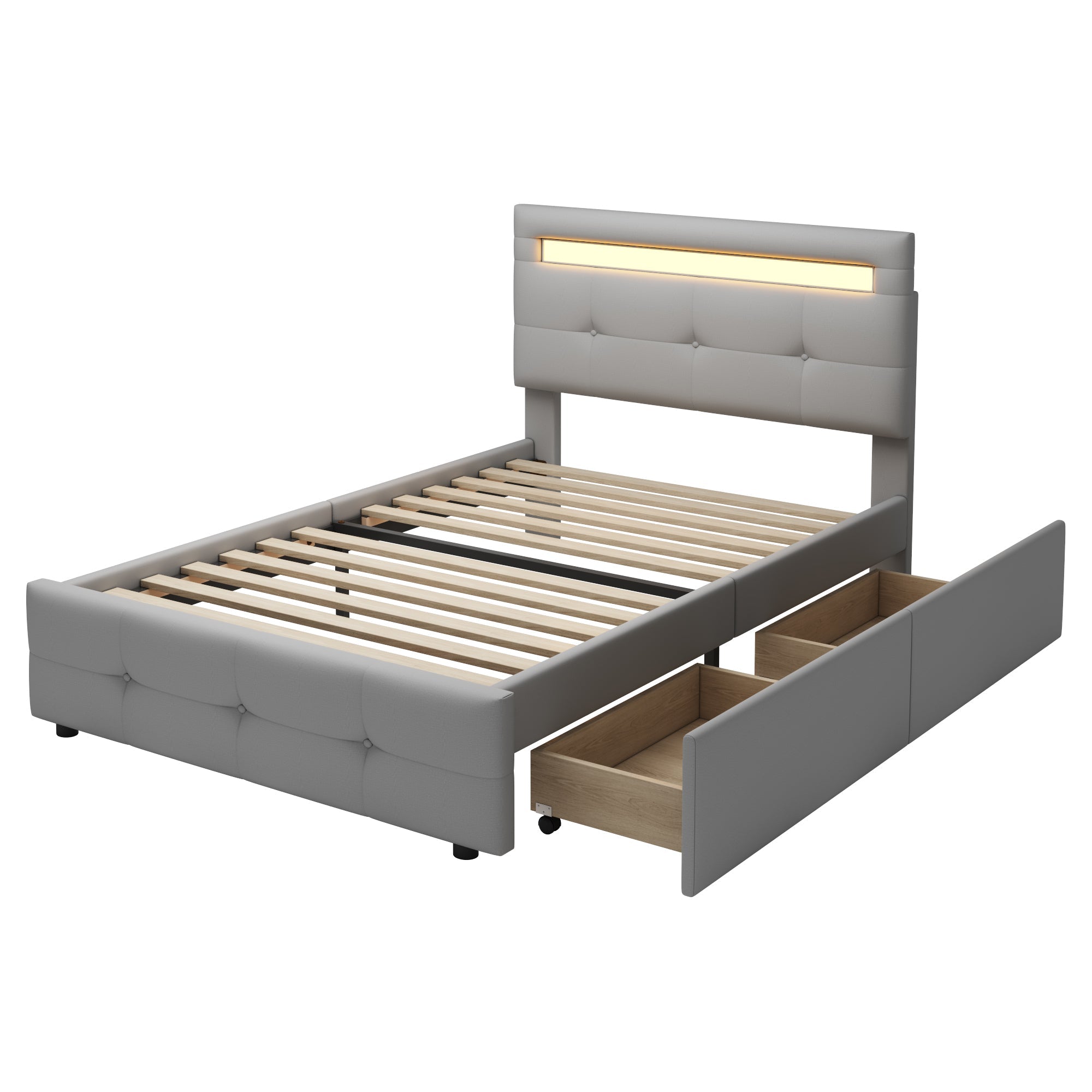 Logidon gestoffeerd bed 90x200 cm linnen bekleding, LED-verlichting, 2 laden grijs