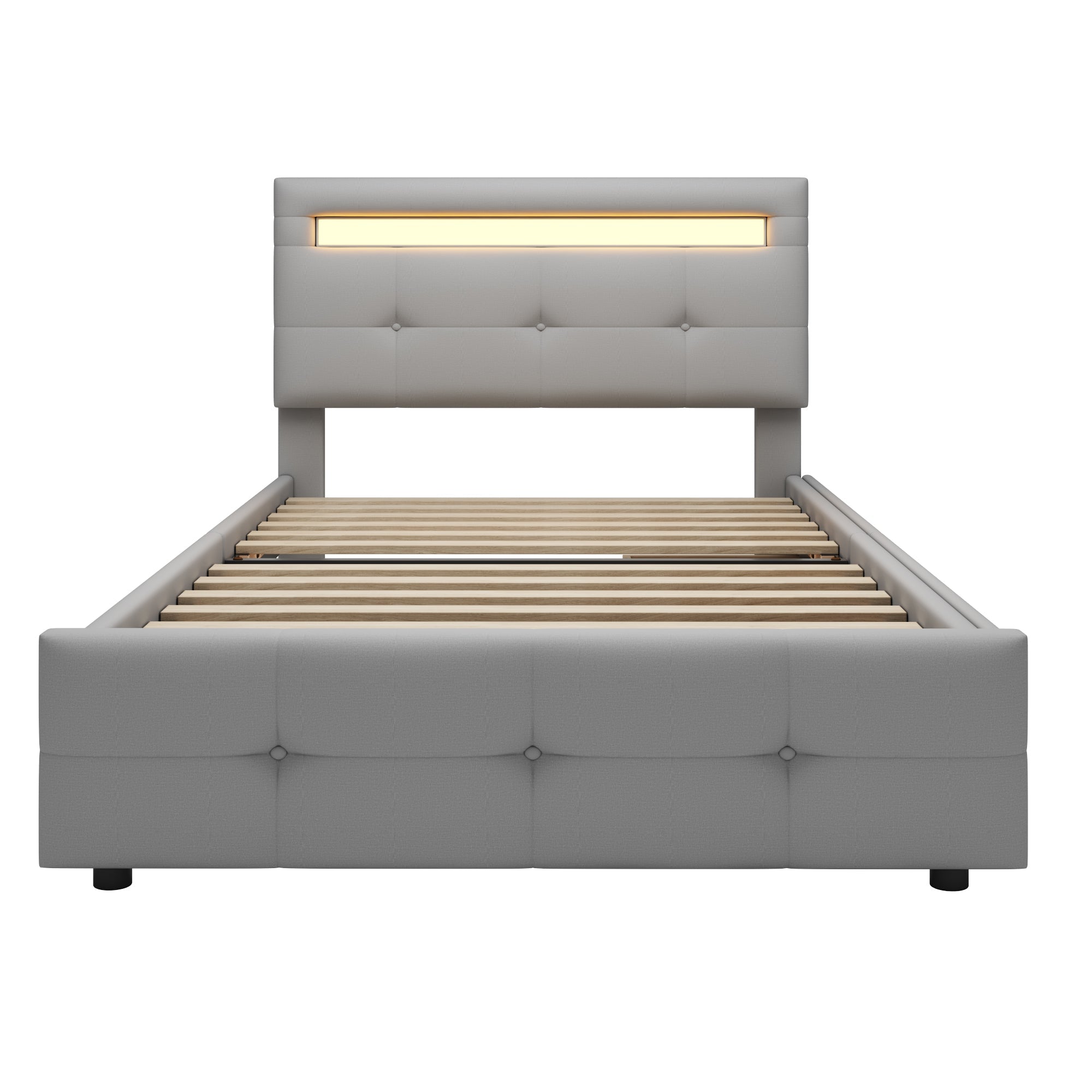 Logidon gestoffeerd bed 90x200 cm linnen bekleding, LED-verlichting, 2 laden grijs