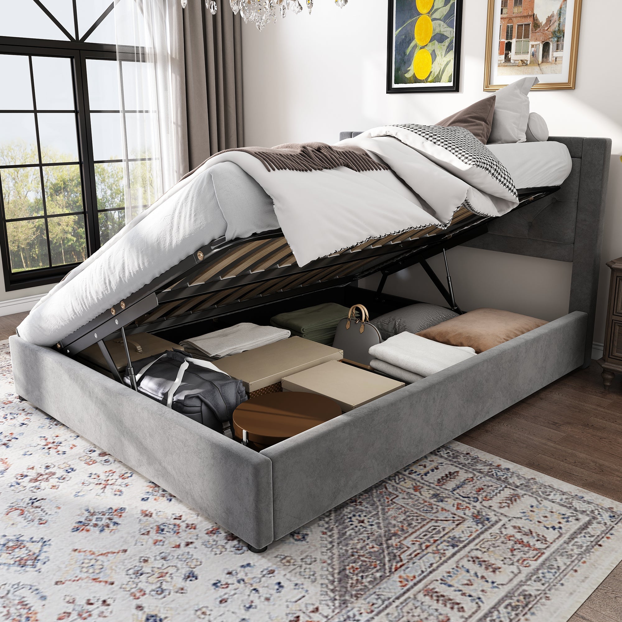 Logidon gestoffeerd bed met opbergruimte Chesterfield stijl 140x200 grijs