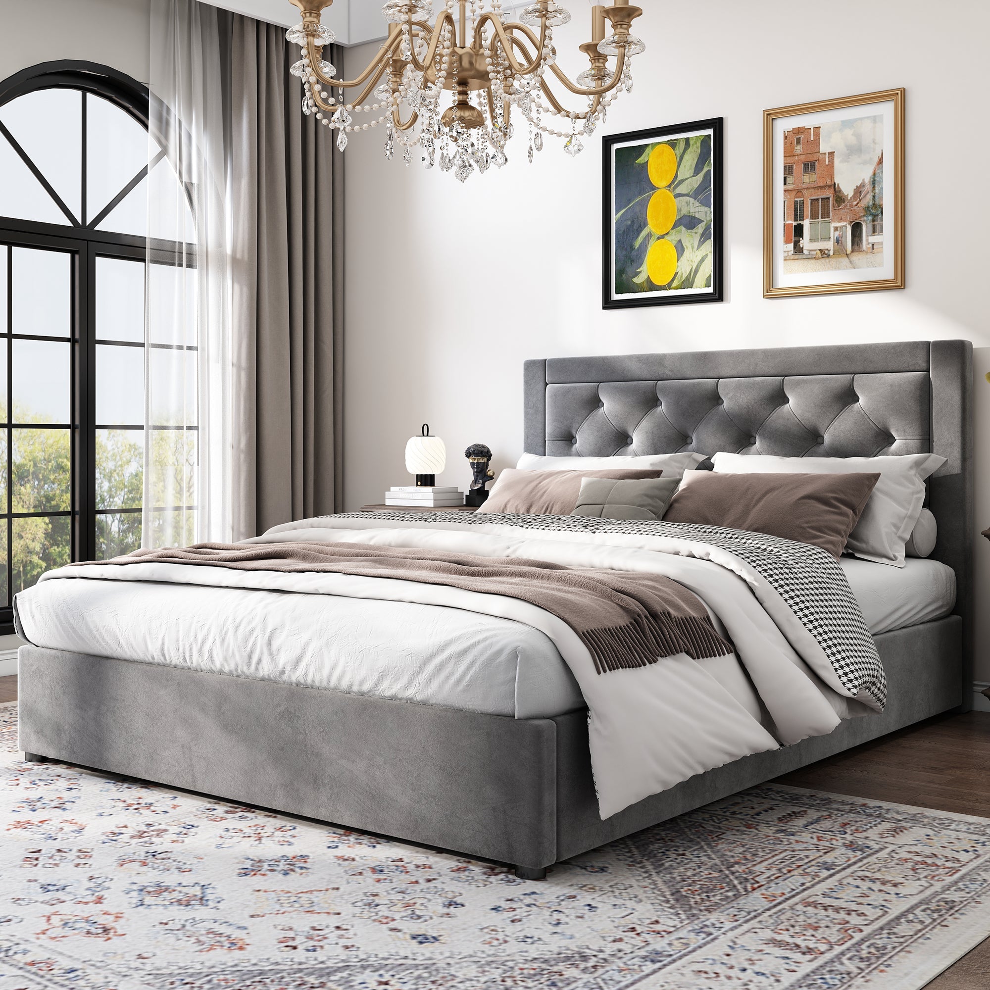Logidon gestoffeerd bed met opbergruimte Chesterfield stijl 140x200 grijs