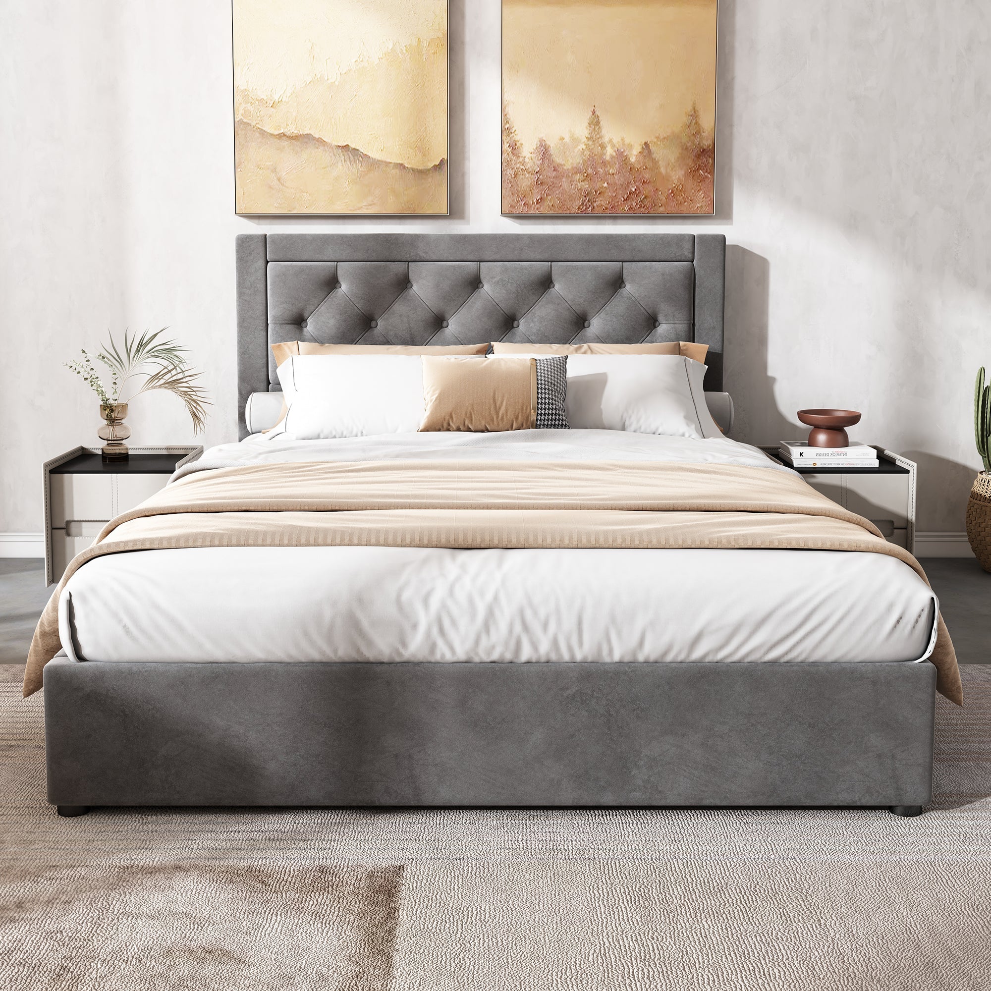 Logidon gestoffeerd bed met opbergruimte Chesterfield stijl 140x200 grijs