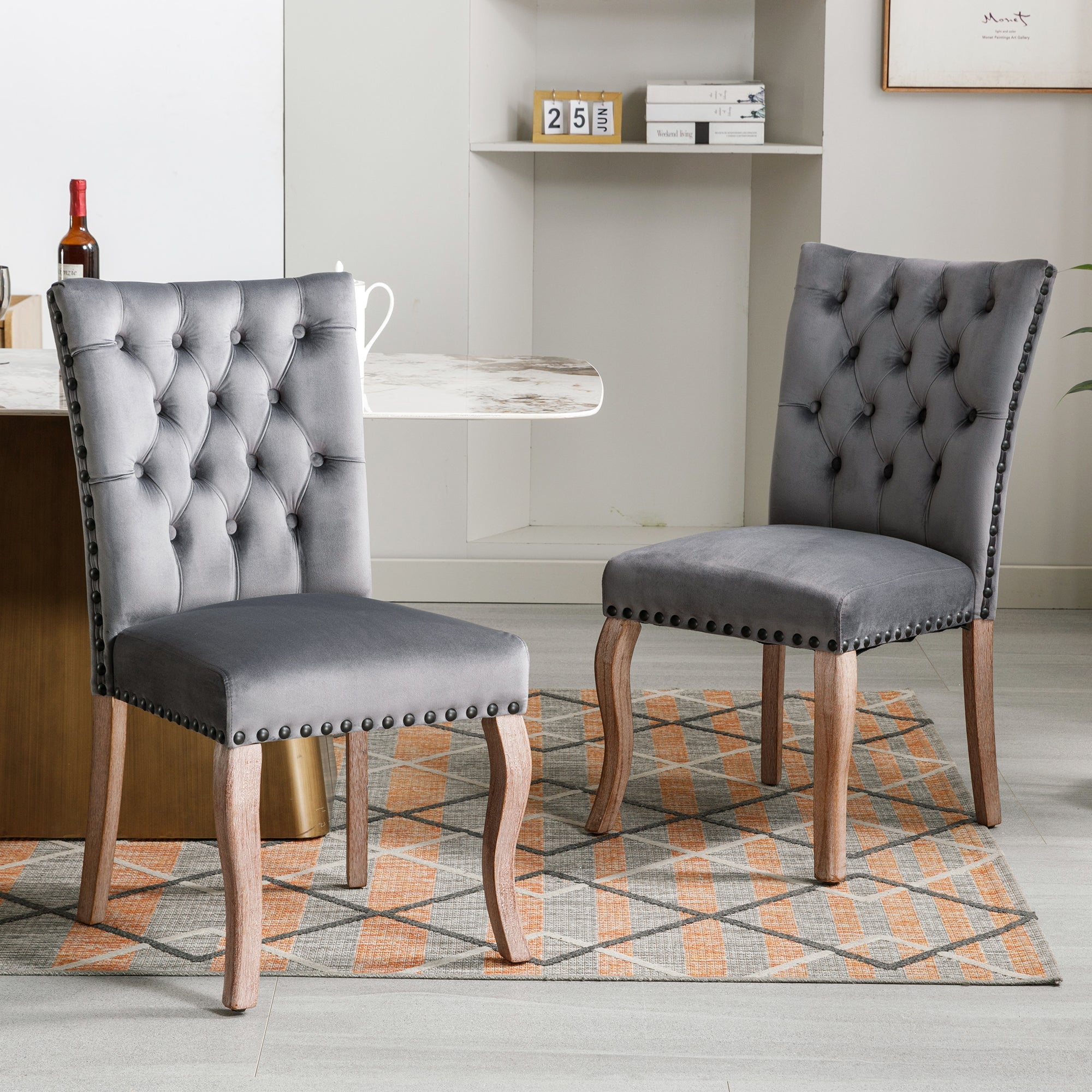 Logidon Eetkamerstoelen Grijs Fluweel Set van 2 met Deurklopper Rugleuning