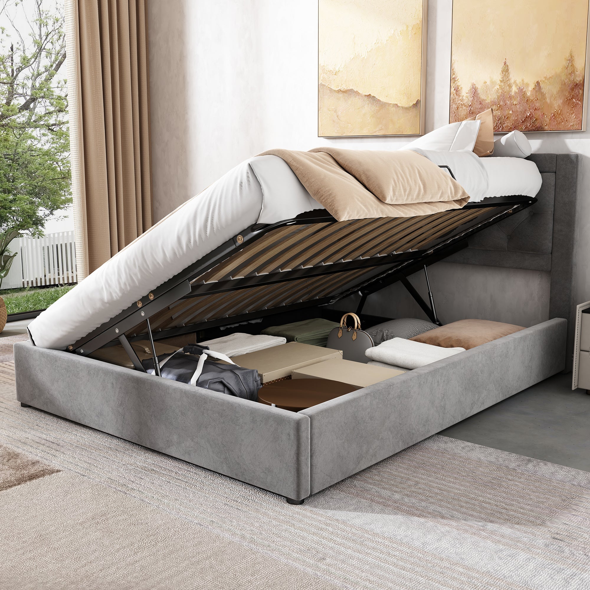 Logidon gestoffeerd bed met opbergruimte Chesterfield stijl 140x200 grijs