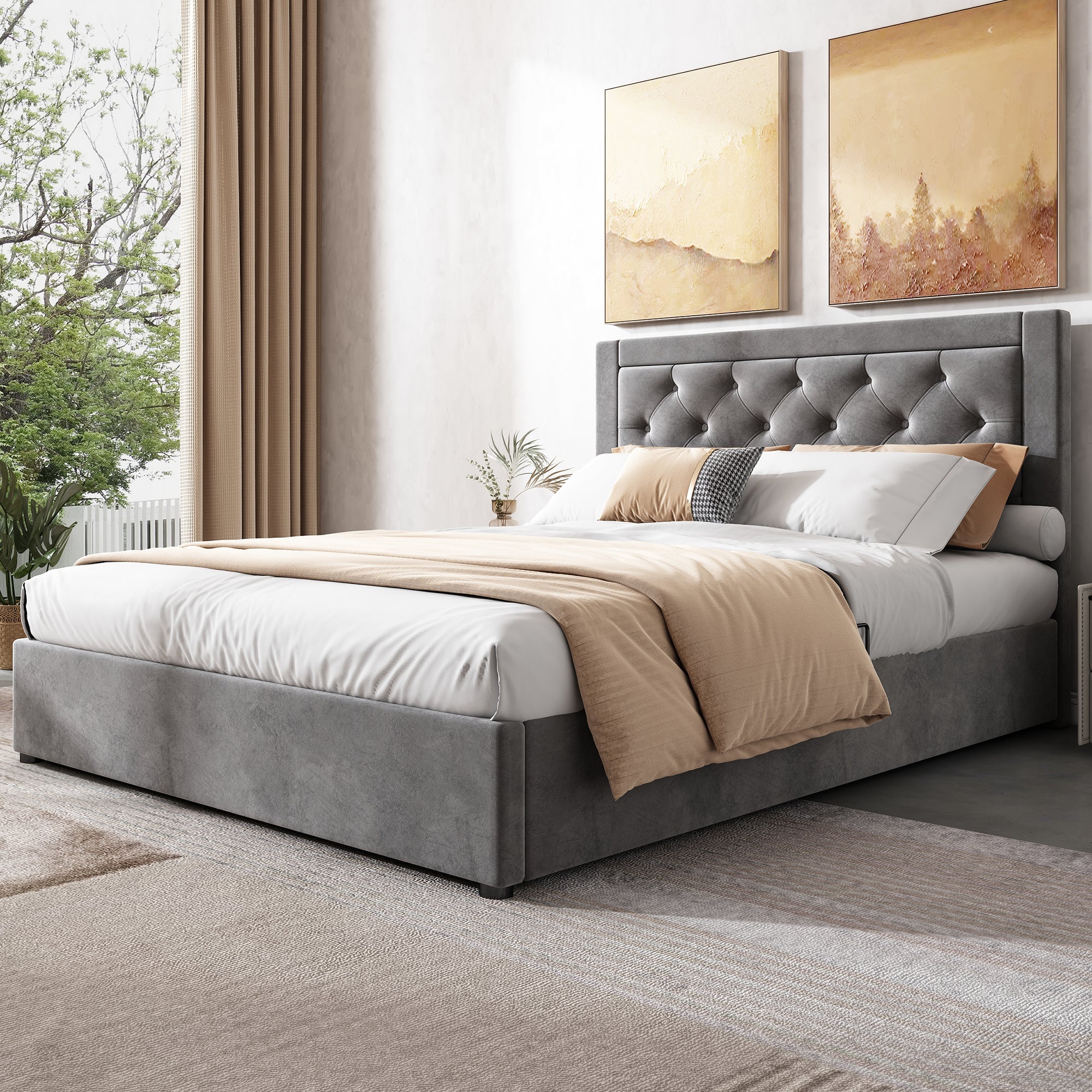 Logidon gestoffeerd bed met opbergruimte Chesterfield stijl 140x200 grijs