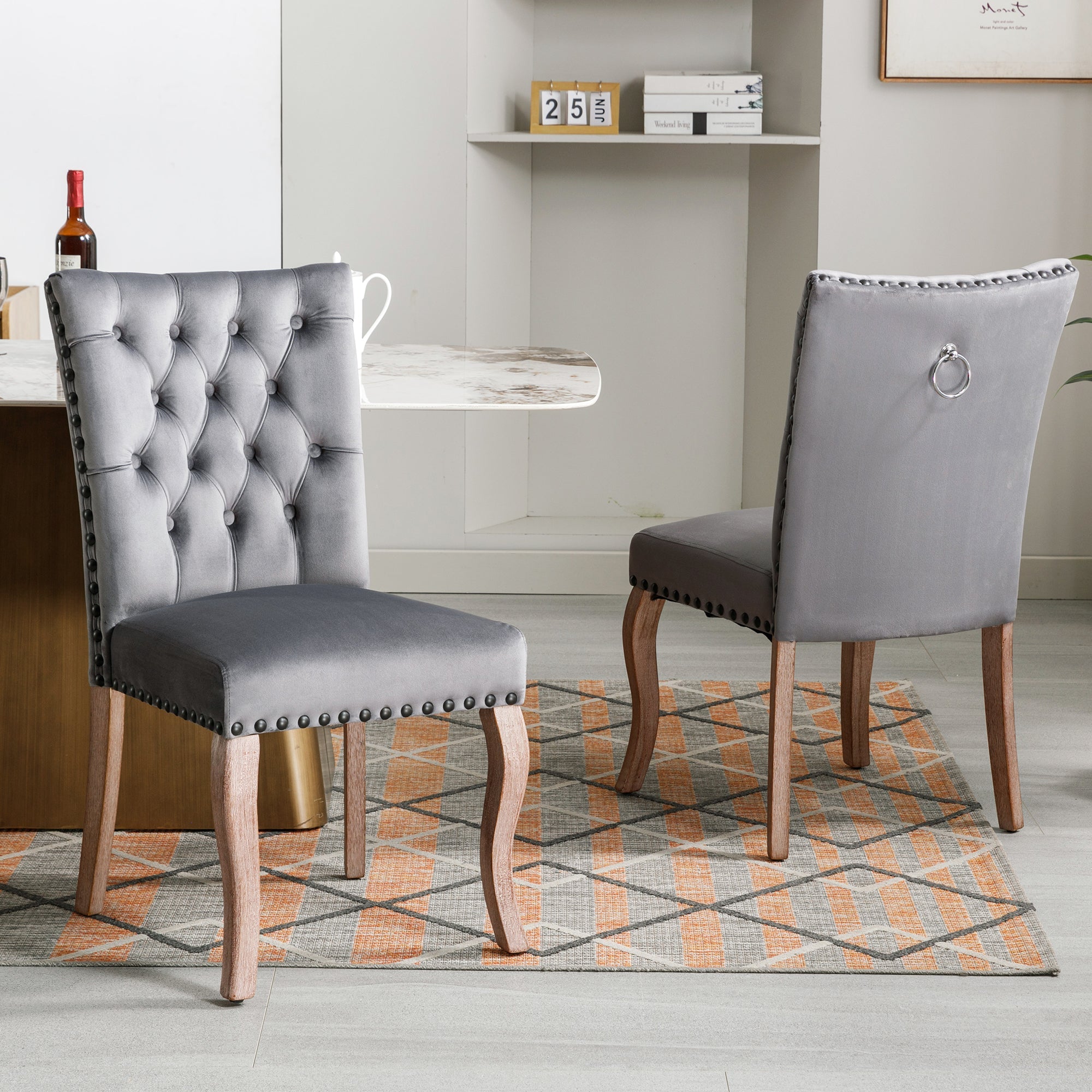 Logidon Eetkamerstoelen Grijs Fluweel Set van 2 met Deurklopper Rugleuning