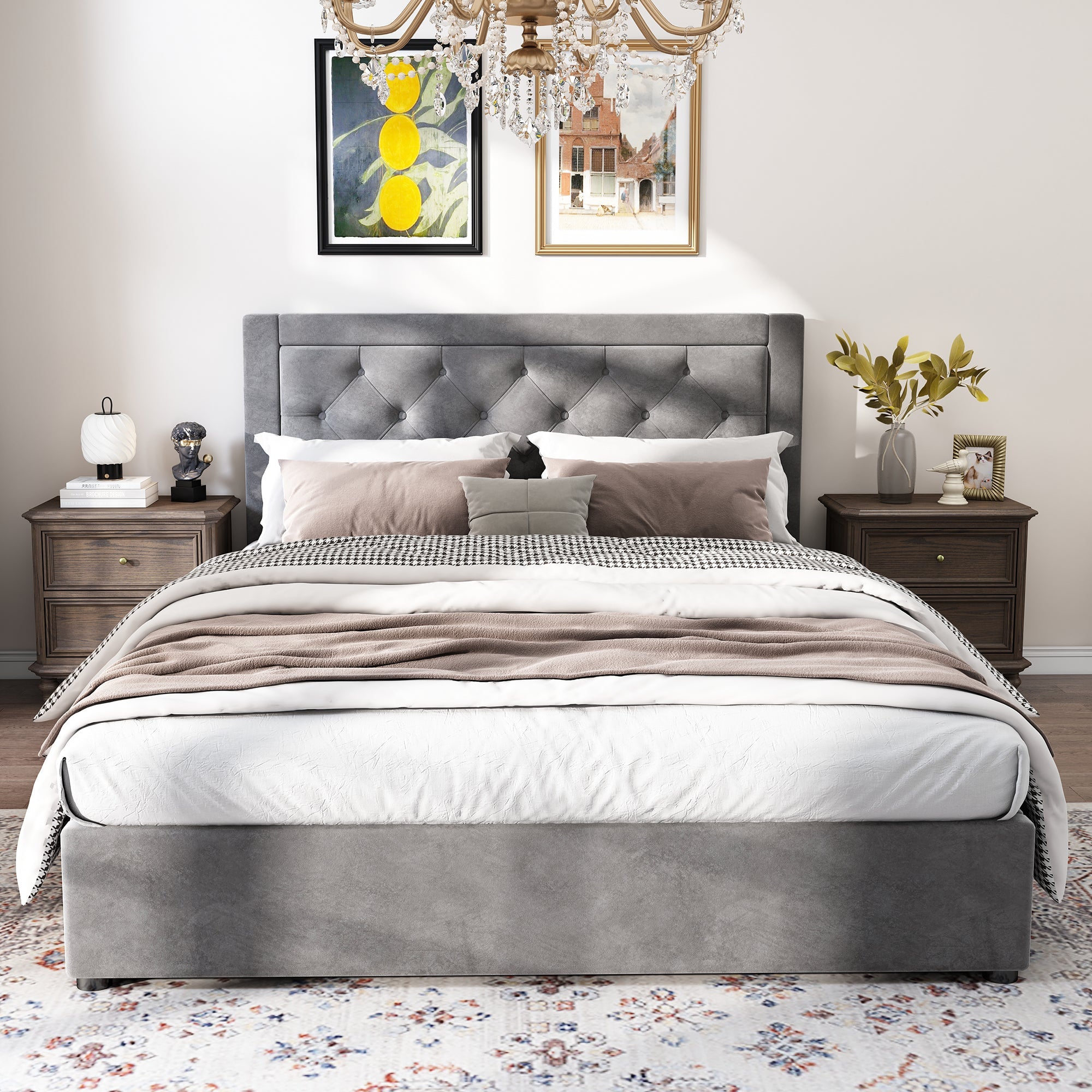 Logidon gestoffeerd bed met opbergruimte Chesterfield stijl 140x200 grijs