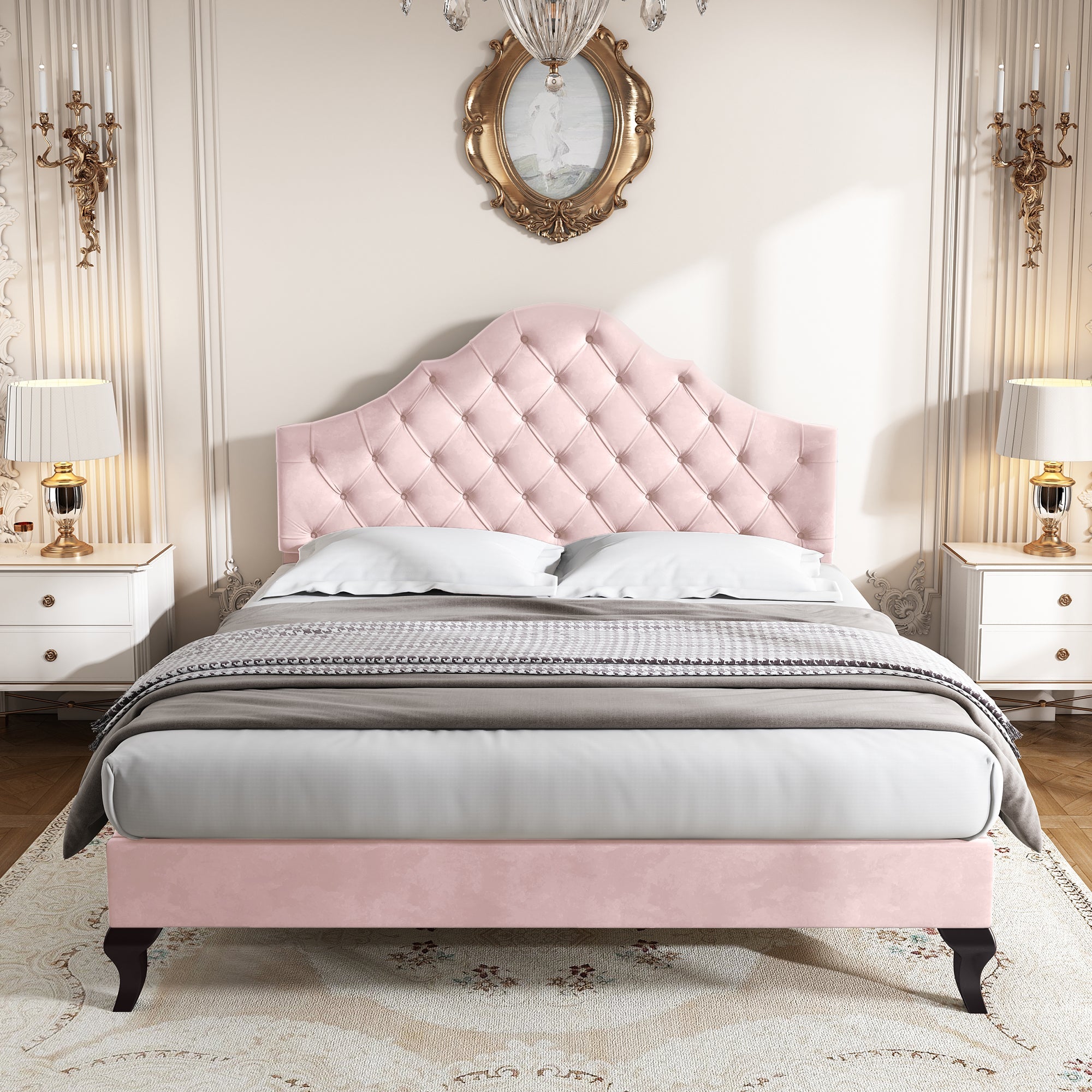 Logidon gestoffeerd bed 140x200 fluweel roze met in hoogte verstelbaar hoofdeinde