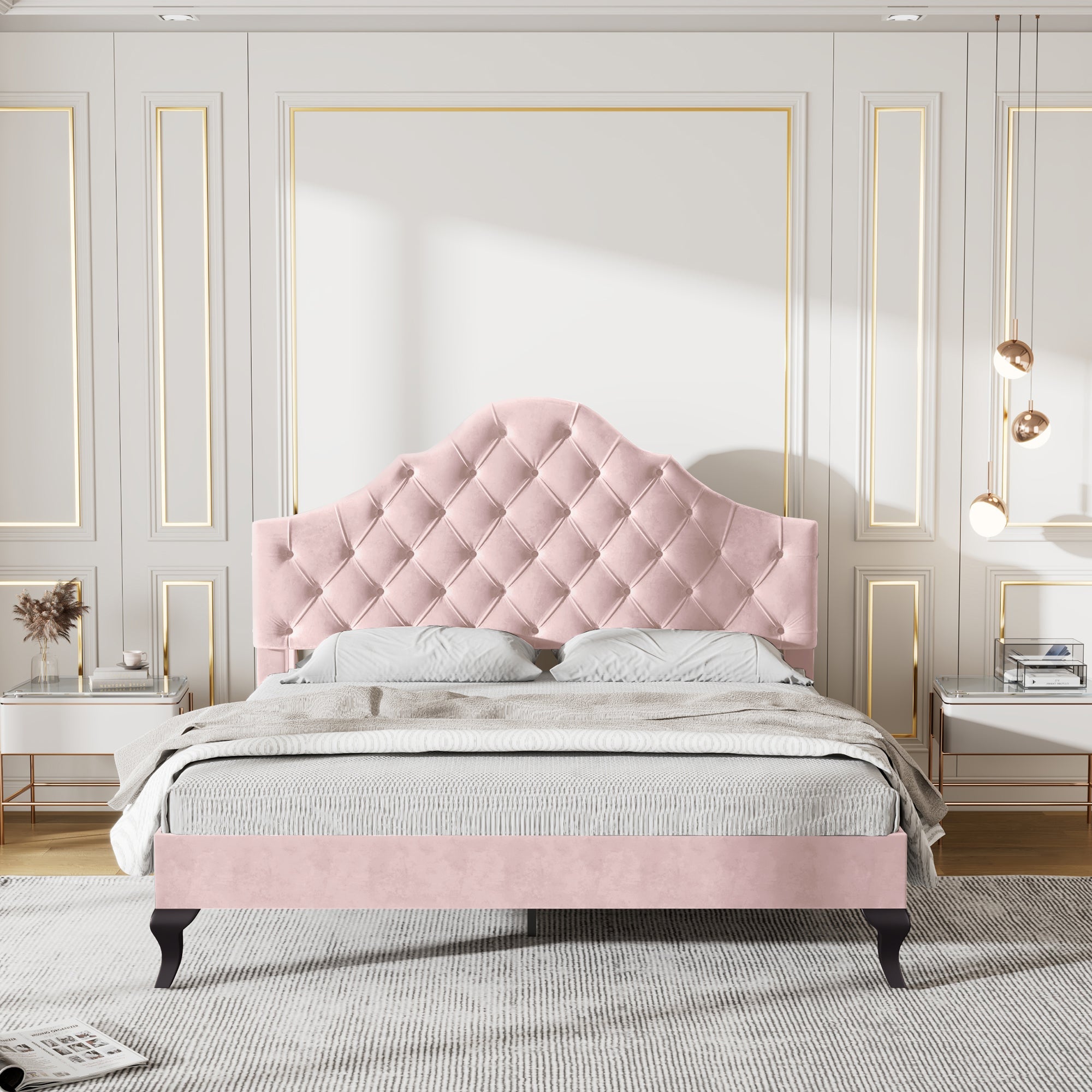 Logidon gestoffeerd bed 140x200 fluweel roze met in hoogte verstelbaar hoofdeinde