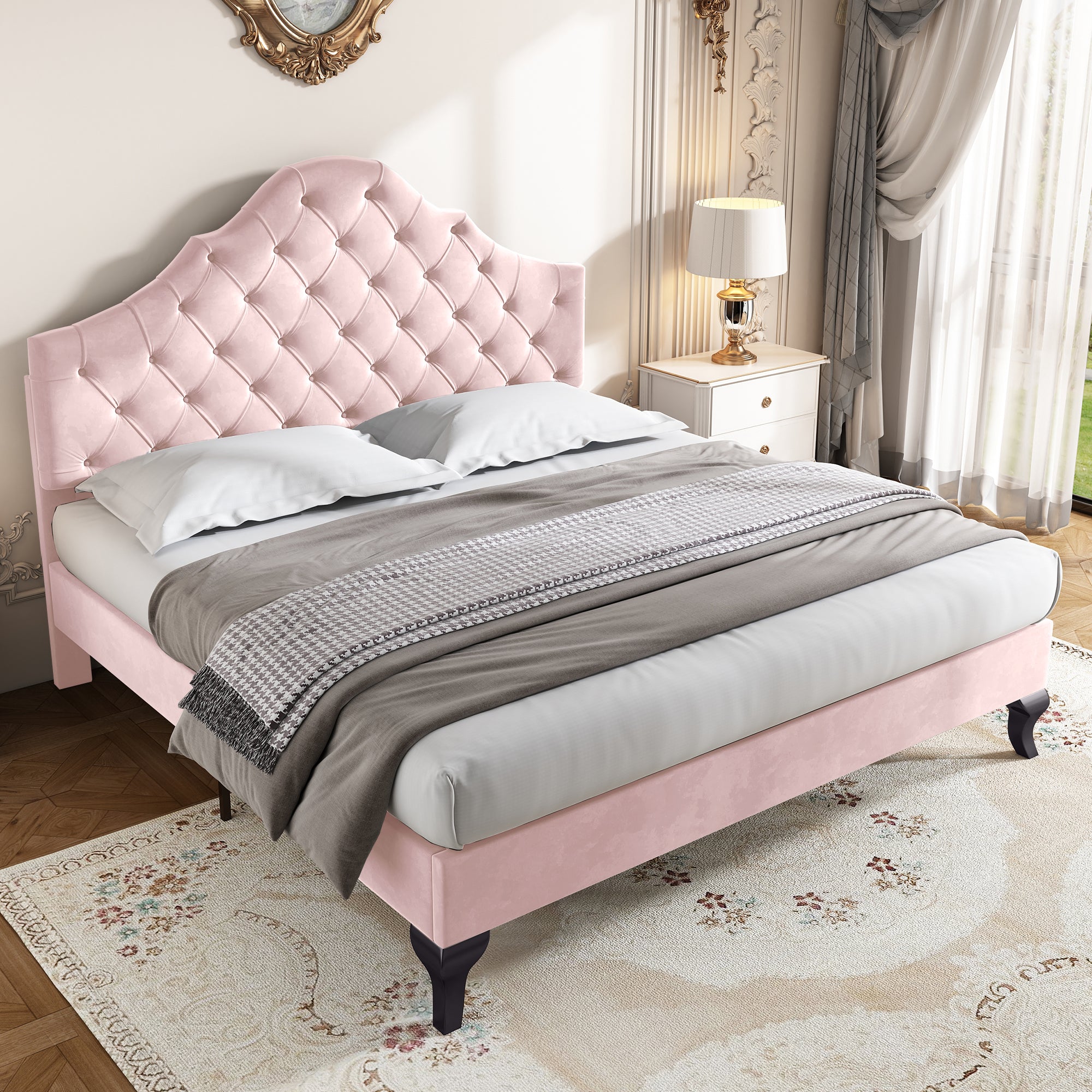 Logidon gestoffeerd bed 140x200 fluweel roze met in hoogte verstelbaar hoofdeinde