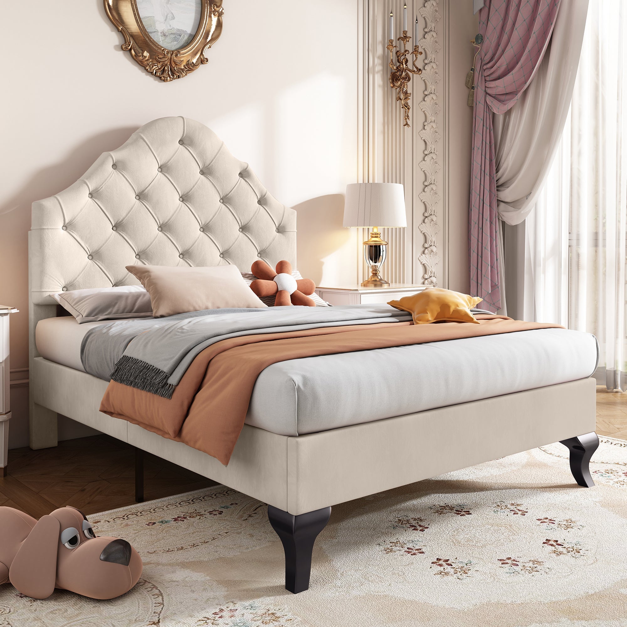 Logidon gestoffeerd bed 90x200 beige fluweel met verstelbaar hoofdeinde