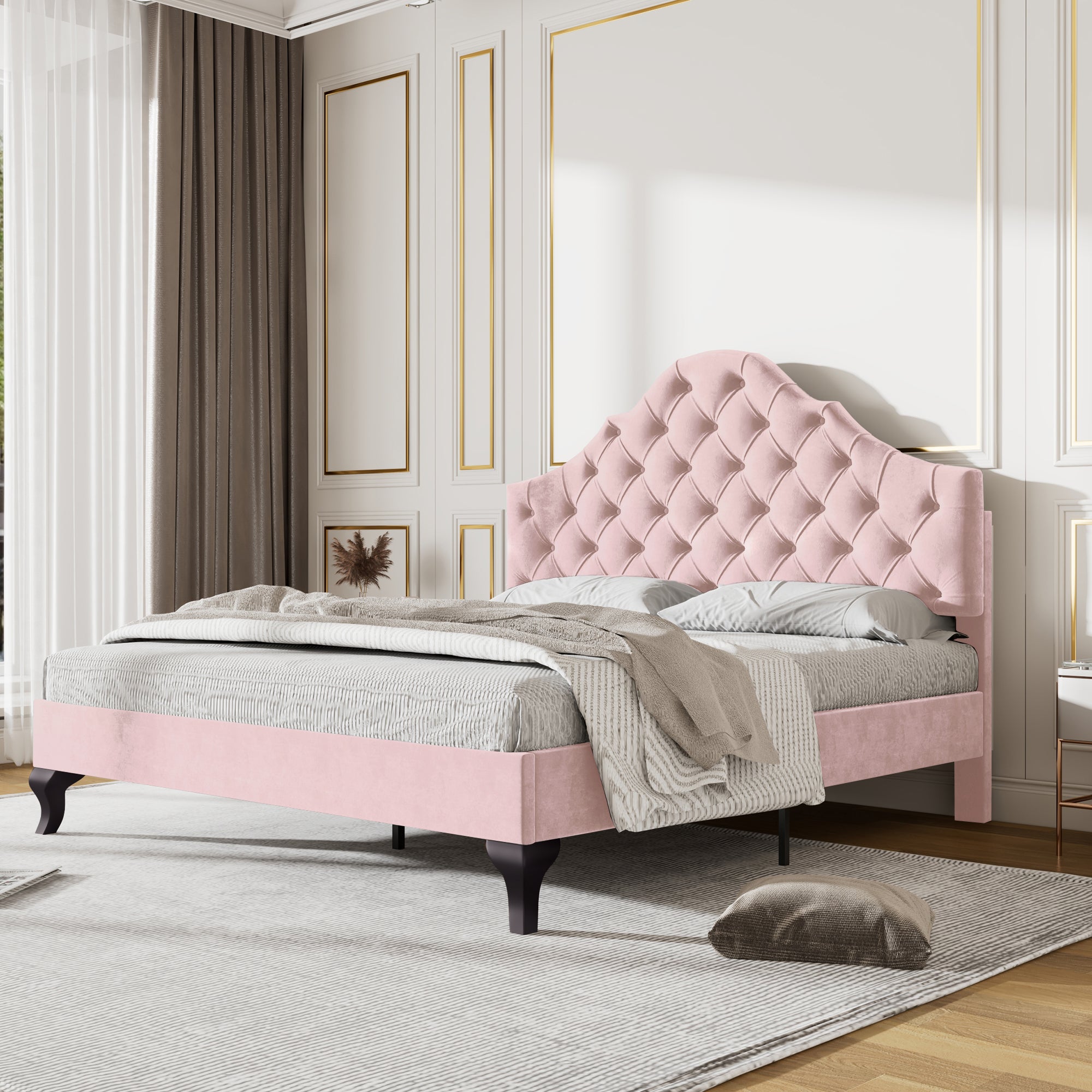 Logidon gestoffeerd bed 140x200 fluweel roze met in hoogte verstelbaar hoofdeinde