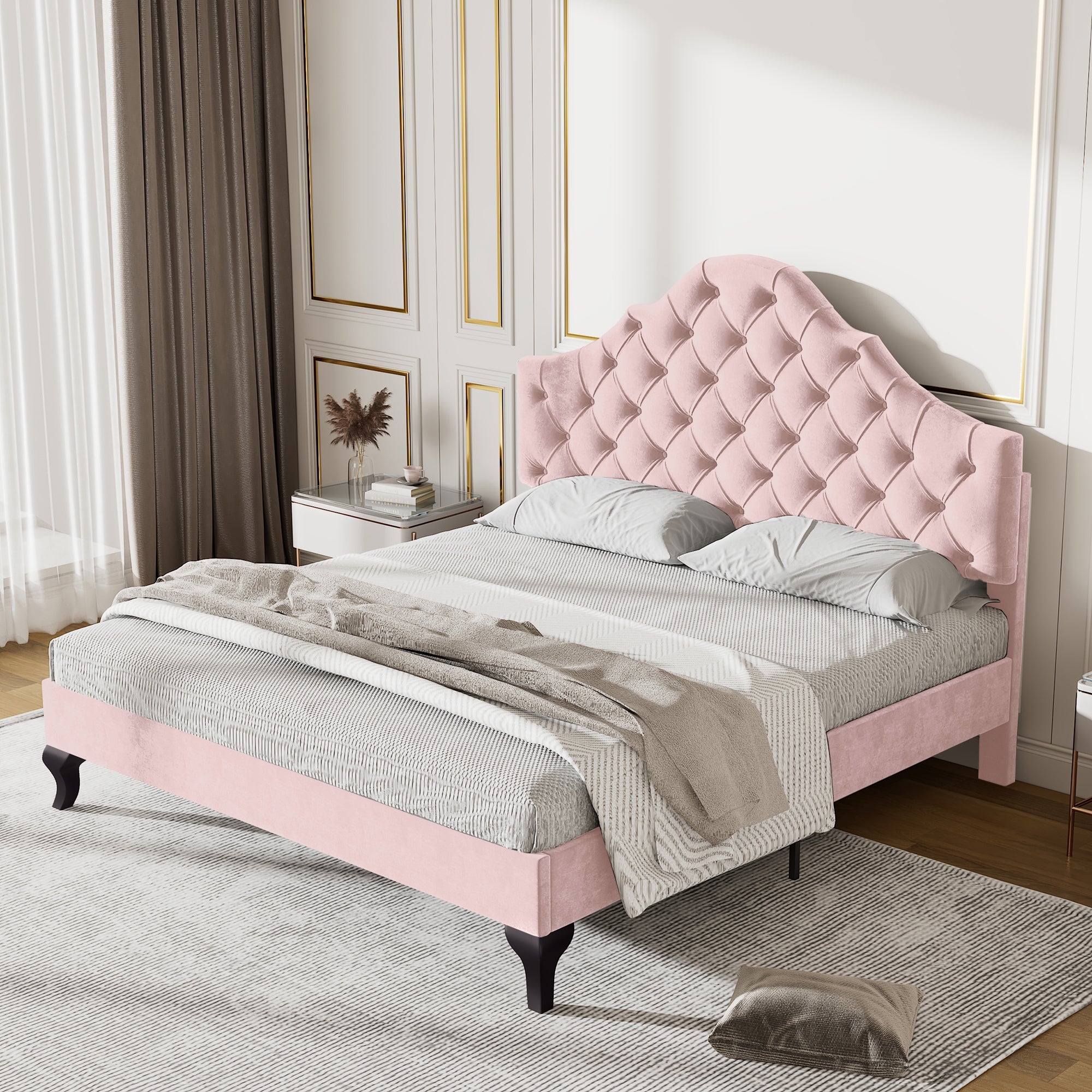 Logidon gestoffeerd bed 140x200 fluweel roze met in hoogte verstelbaar hoofdeinde