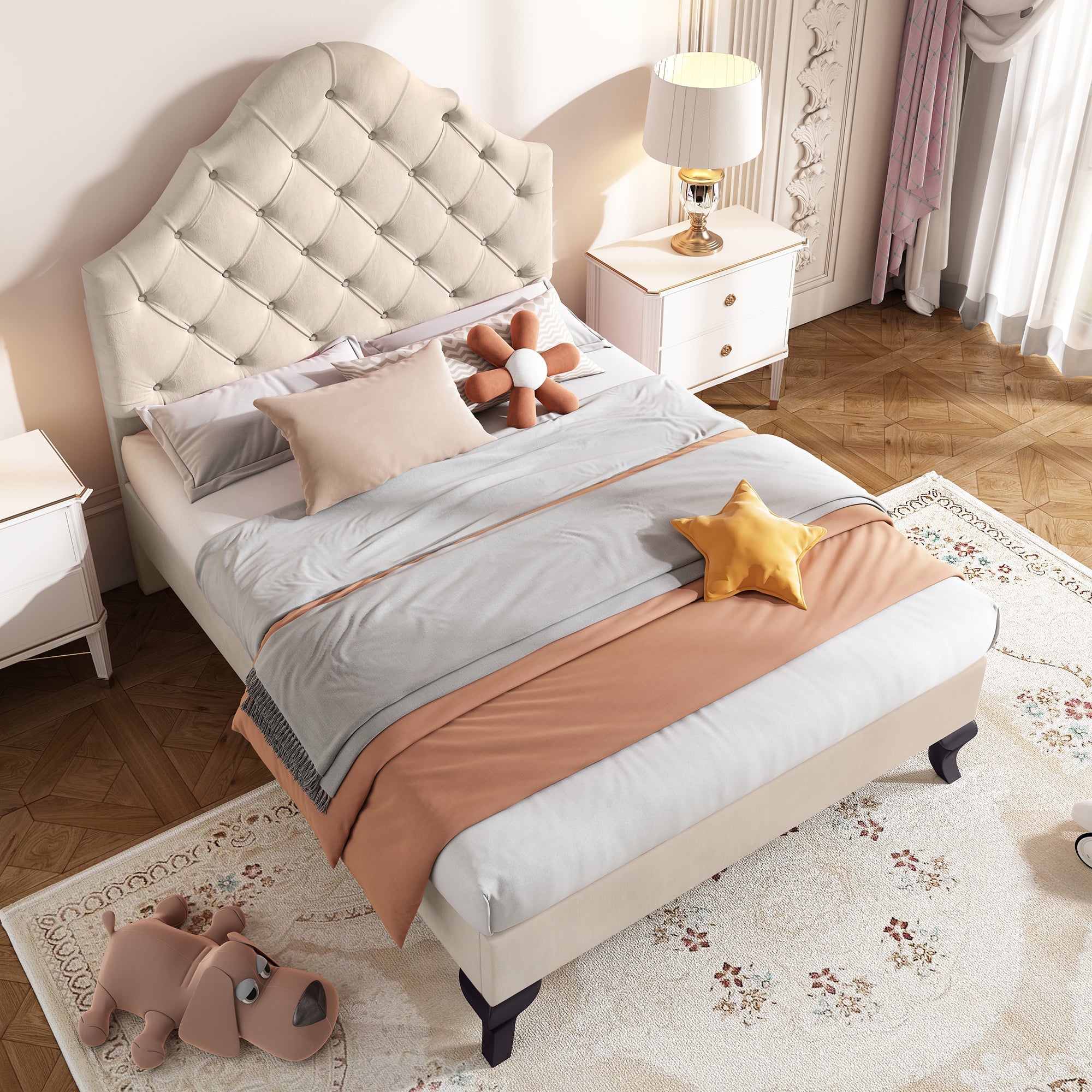 Logidon gestoffeerd bed 90x200 beige fluweel met verstelbaar hoofdeinde