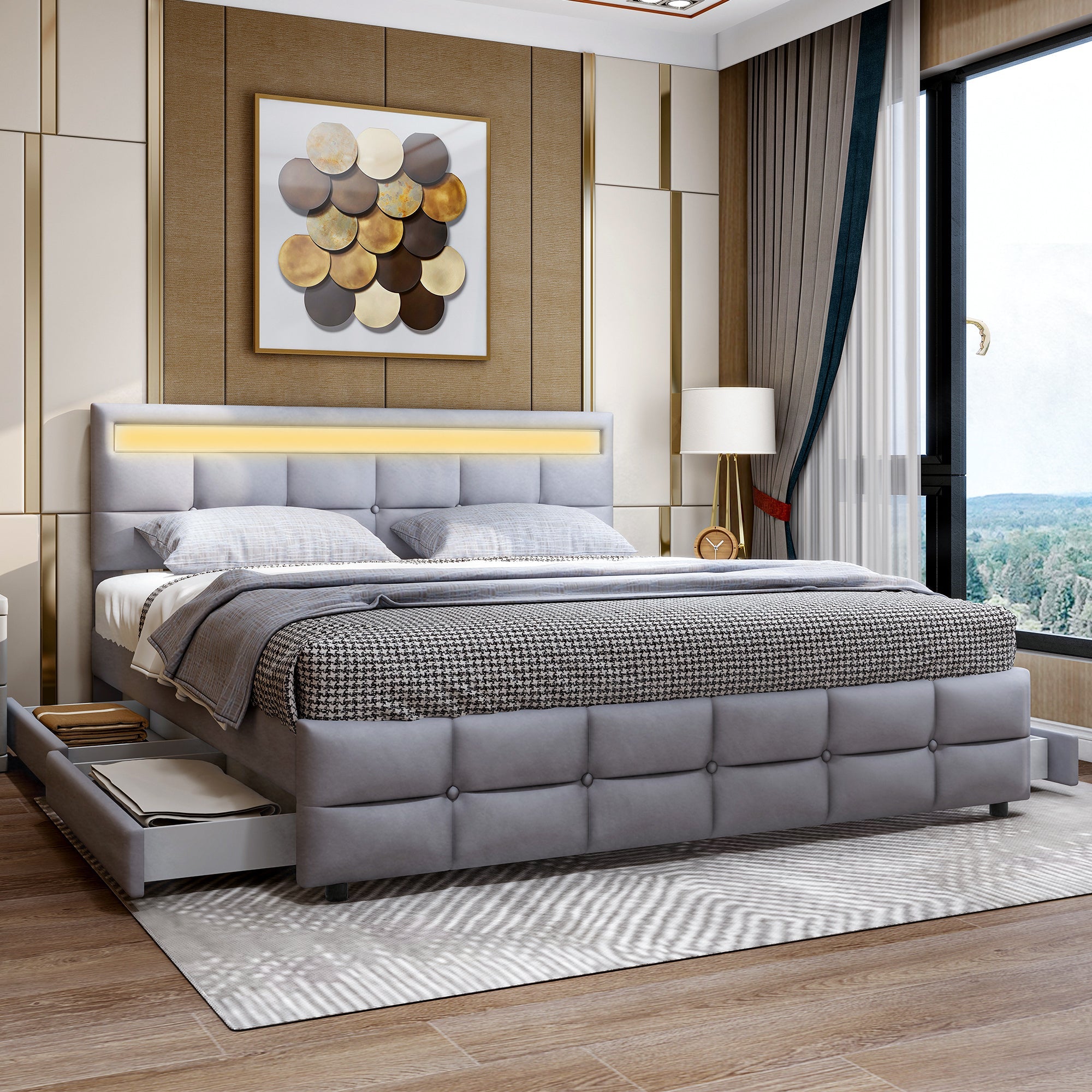 Logidon gestoffeerd bed 180x200 grijs met LED verlichting 4 lades