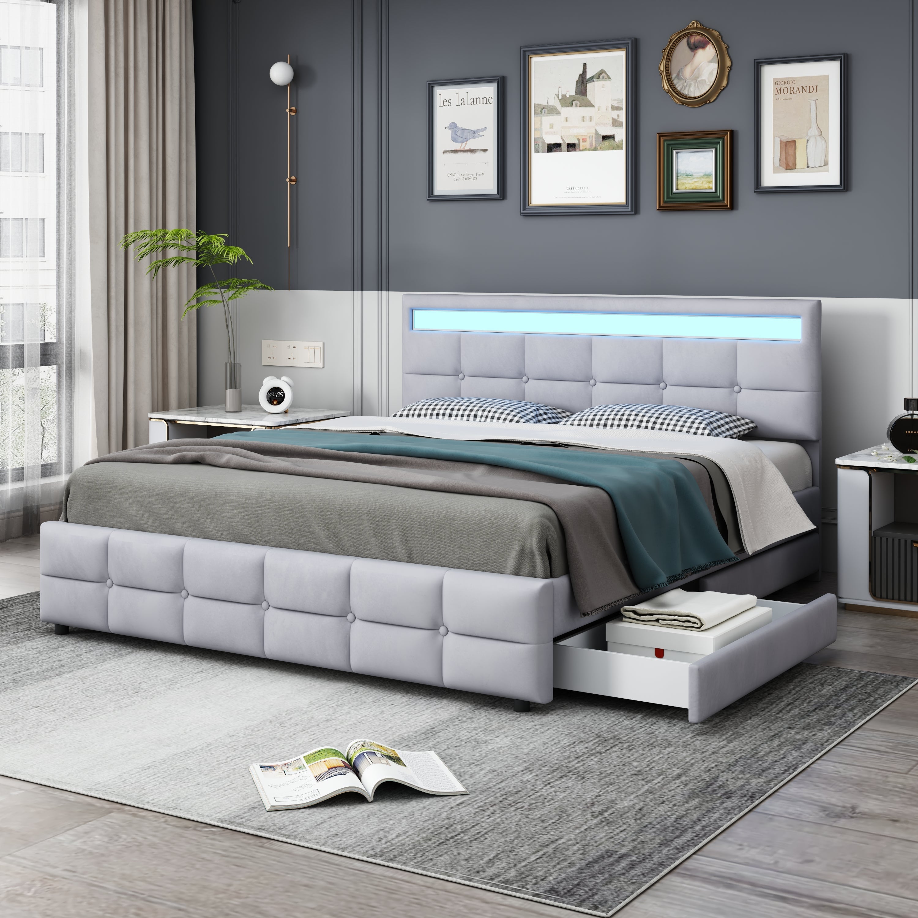 Logidon gestoffeerd bed 180x200 grijs met LED verlichting 4 lades