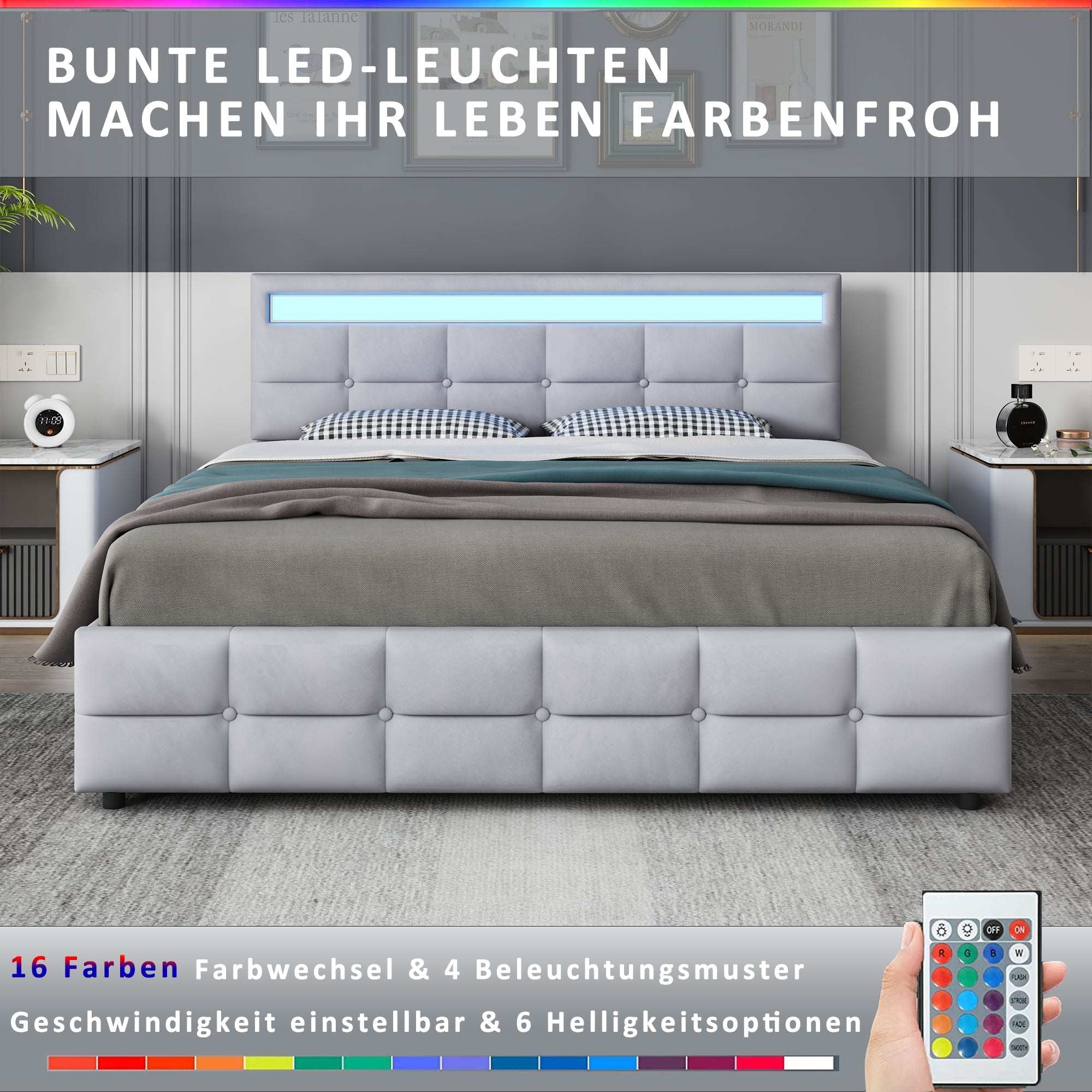 Logidon gestoffeerd bed 180x200 grijs met LED verlichting 4 lades