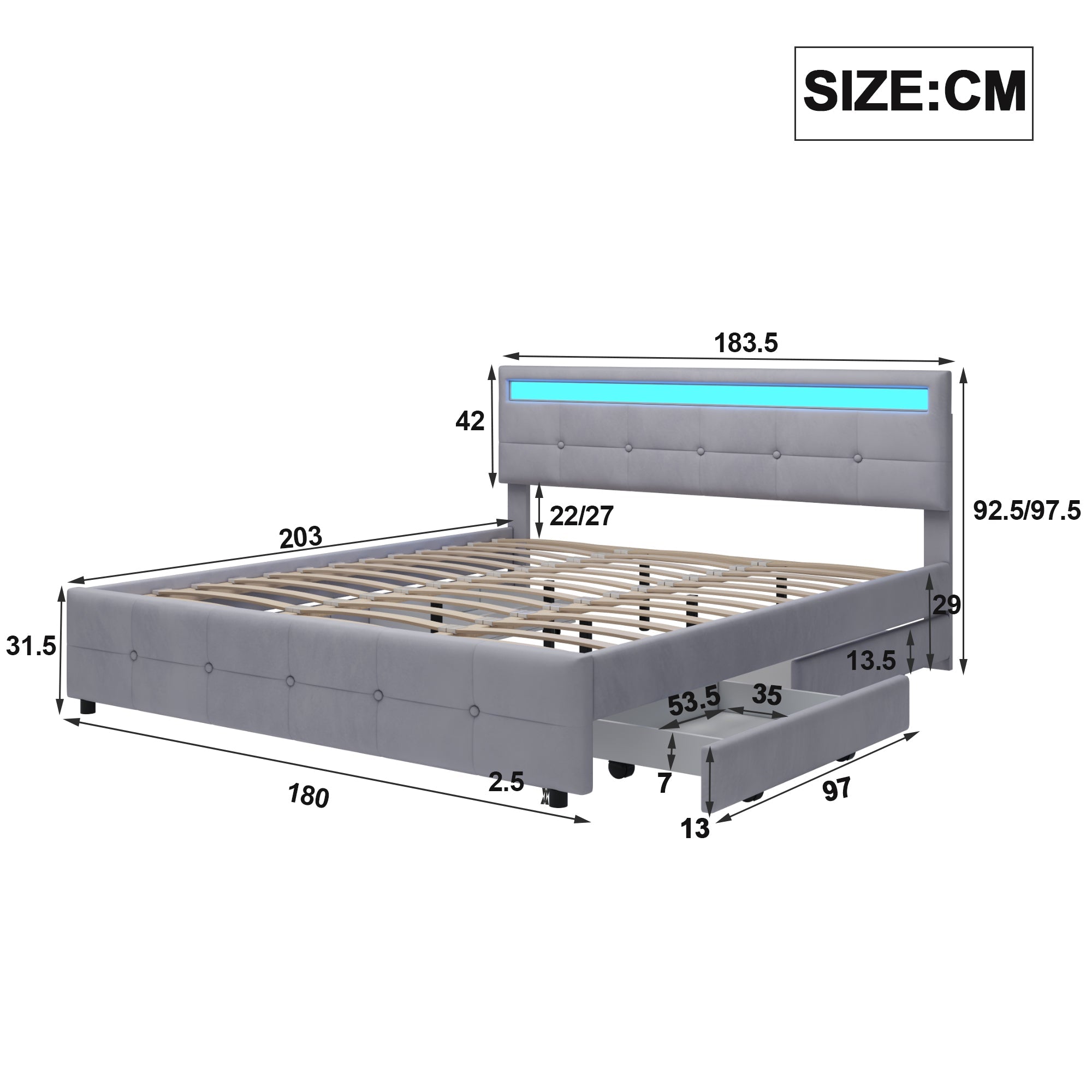 Logidon gestoffeerd bed 180x200 grijs met LED verlichting 4 lades