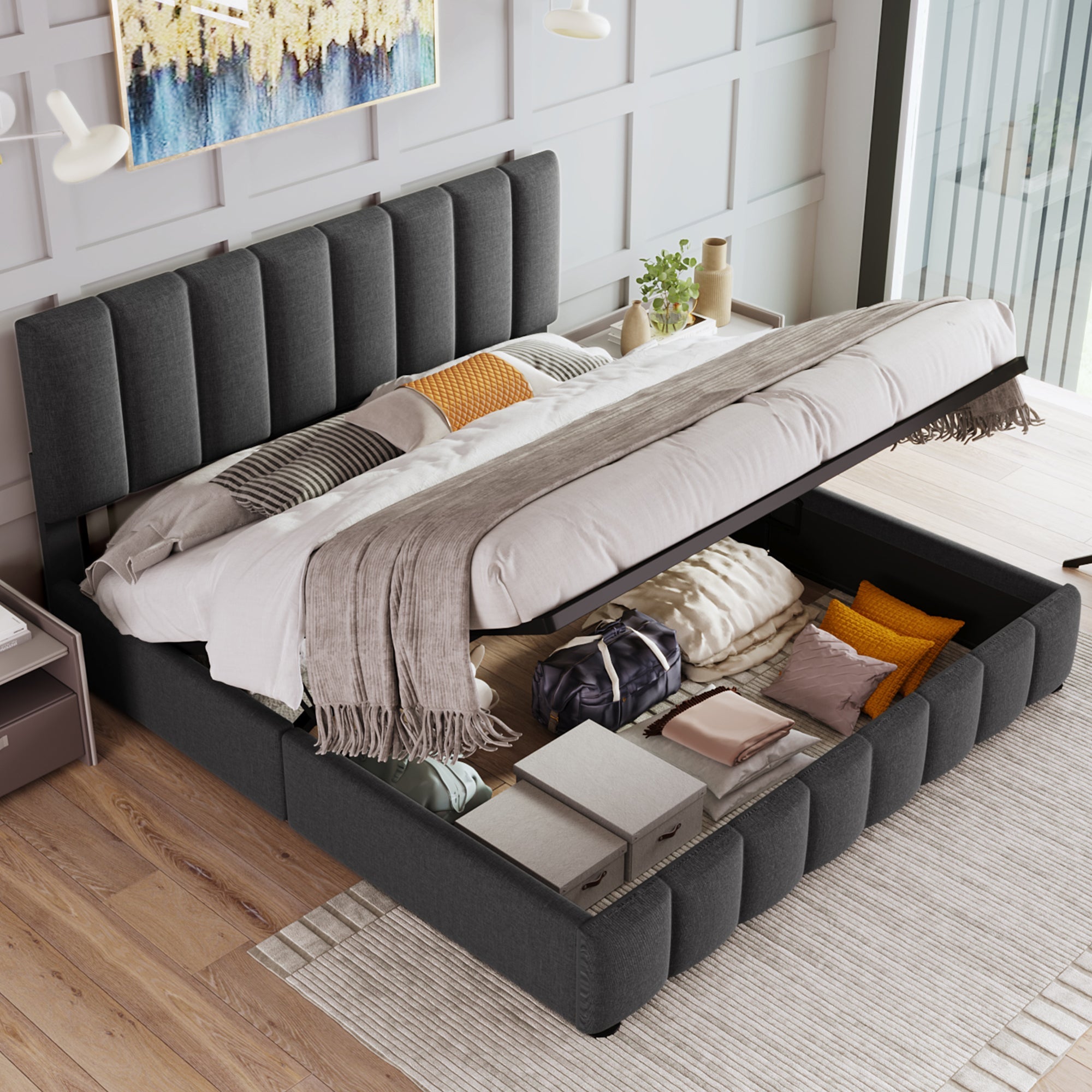 Logidon Hydraulic Fabric Bed 140x200 Gray With Storage Space