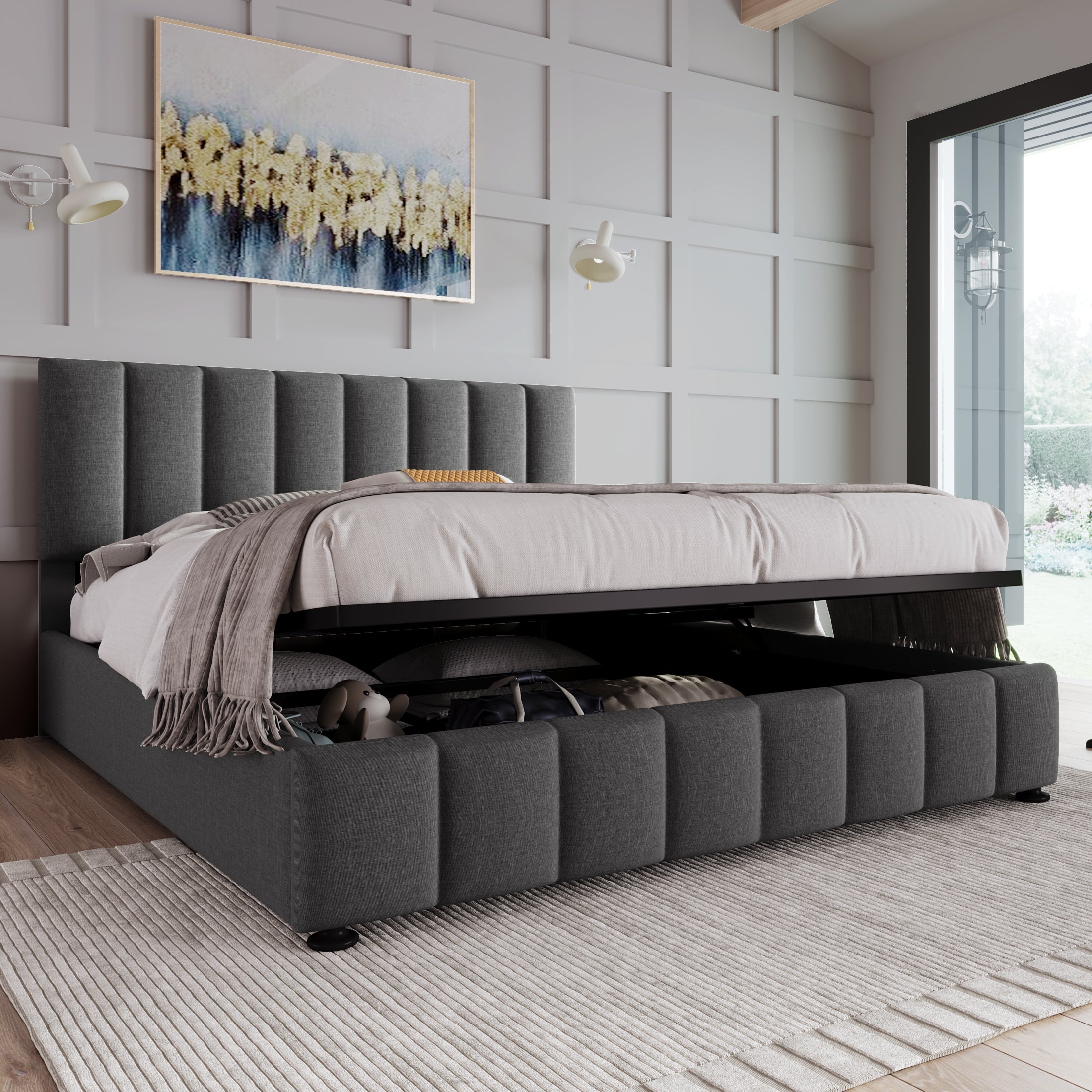 Logidon Hydraulic Fabric Bed 140x200 Gray With Storage Space