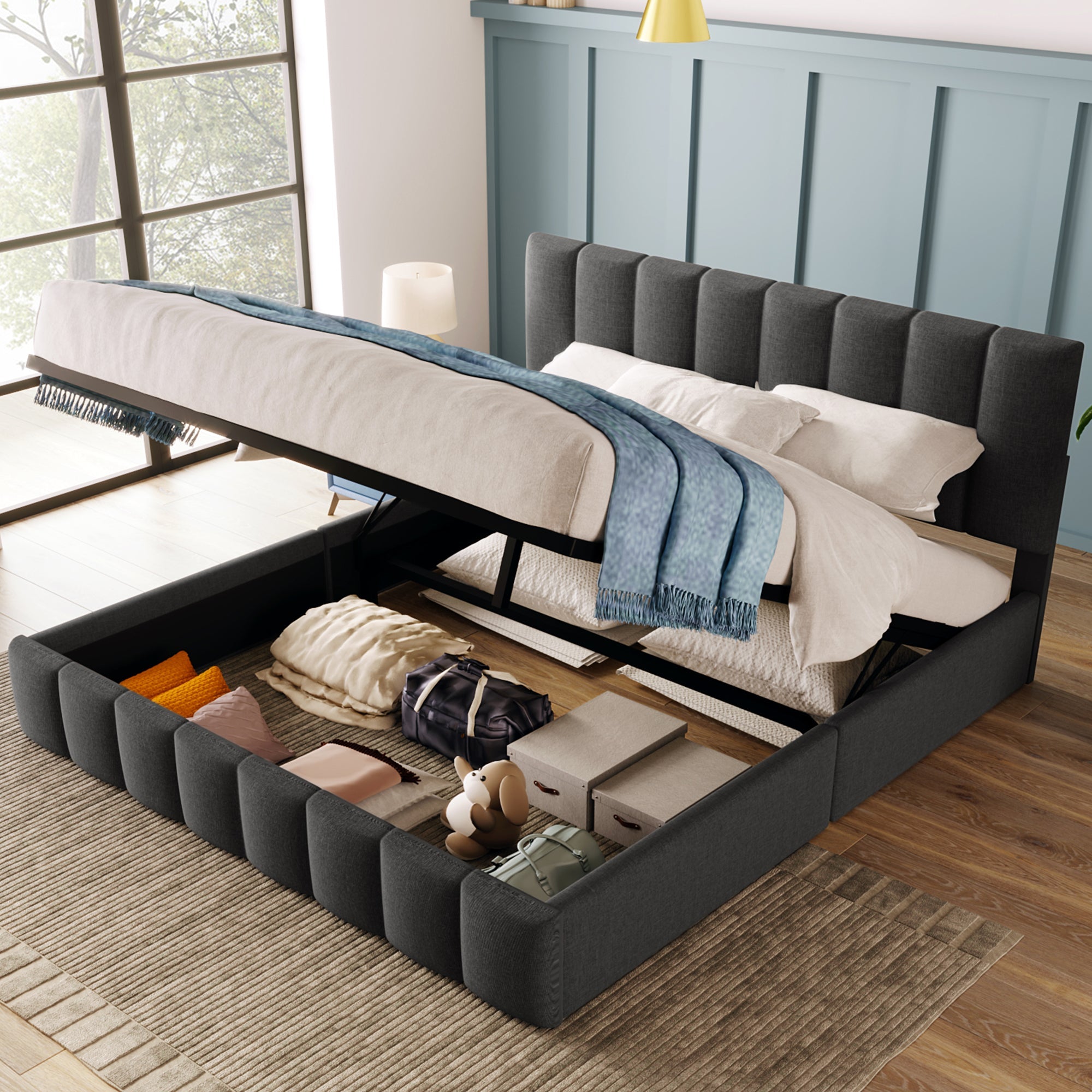 Logidon Hydraulic Fabric Bed 140x200 Gray With Storage Space