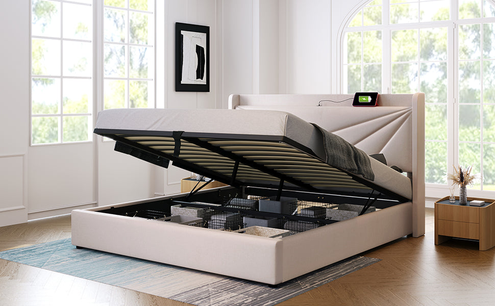 Logidon gestoffeerd bed 160x200 beige met USB Type C oplaadfunctie opbergruimte