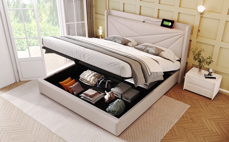 Logidon gestoffeerd bed 160x200 beige met USB Type C oplaadfunctie opbergruimte