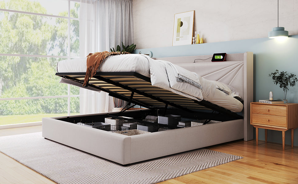 Logidon gestoffeerd bed 160x200 beige met USB Type C oplaadfunctie opbergruimte