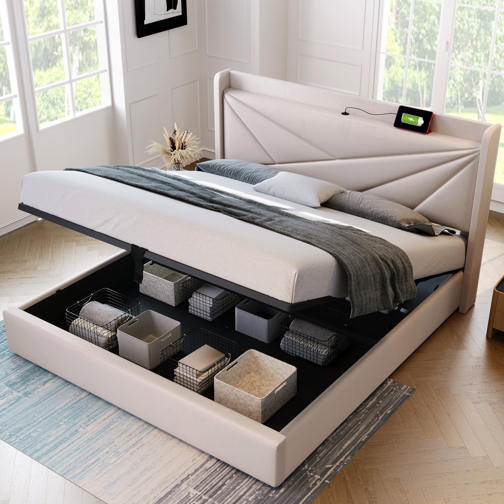 Logidon gestoffeerd bed 140x200 beige met opbergruimte en USB C oplaadfunctie