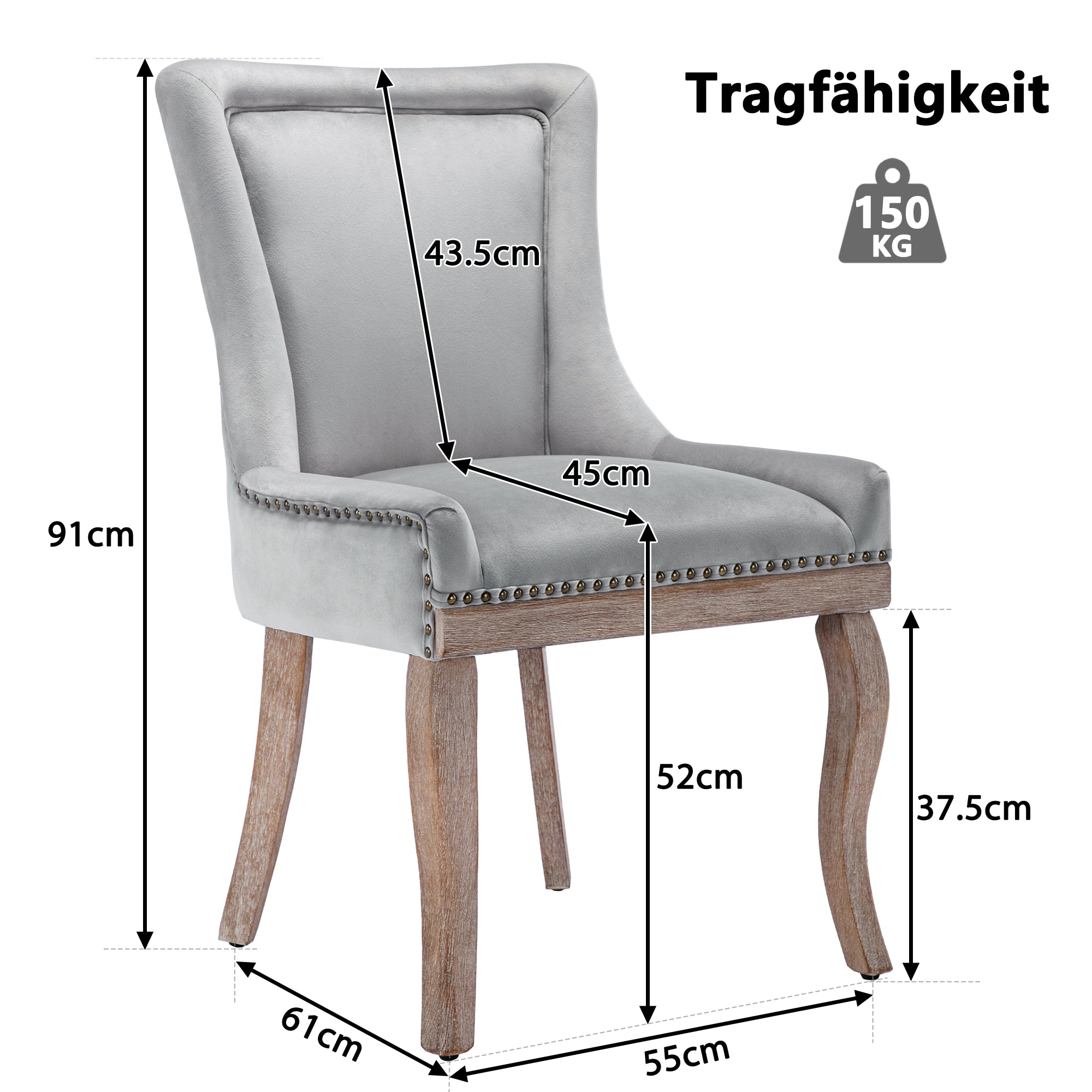 Logidon Luxury Dining Chair Gray Velvet Set of 4 Solid Wood Legs