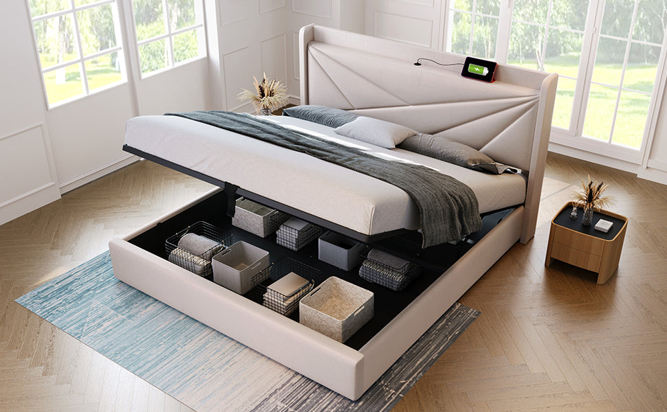 Logidon gestoffeerd bed 160x200 beige met USB Type C oplaadfunctie opbergruimte