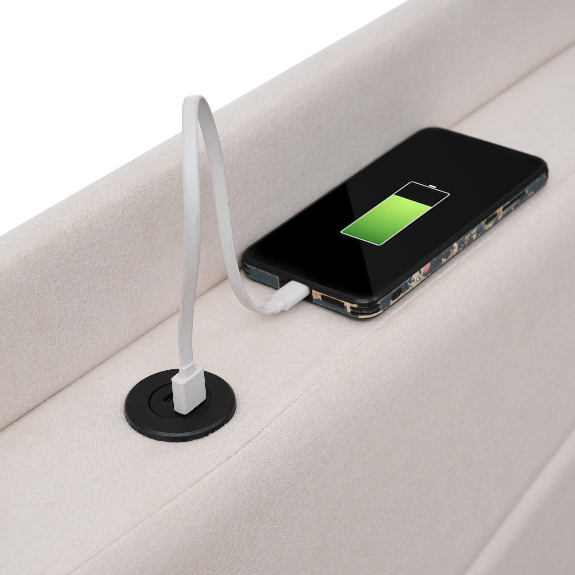 Logidon gestoffeerd bed 140x200 beige met opbergruimte en USB C oplaadfunctie