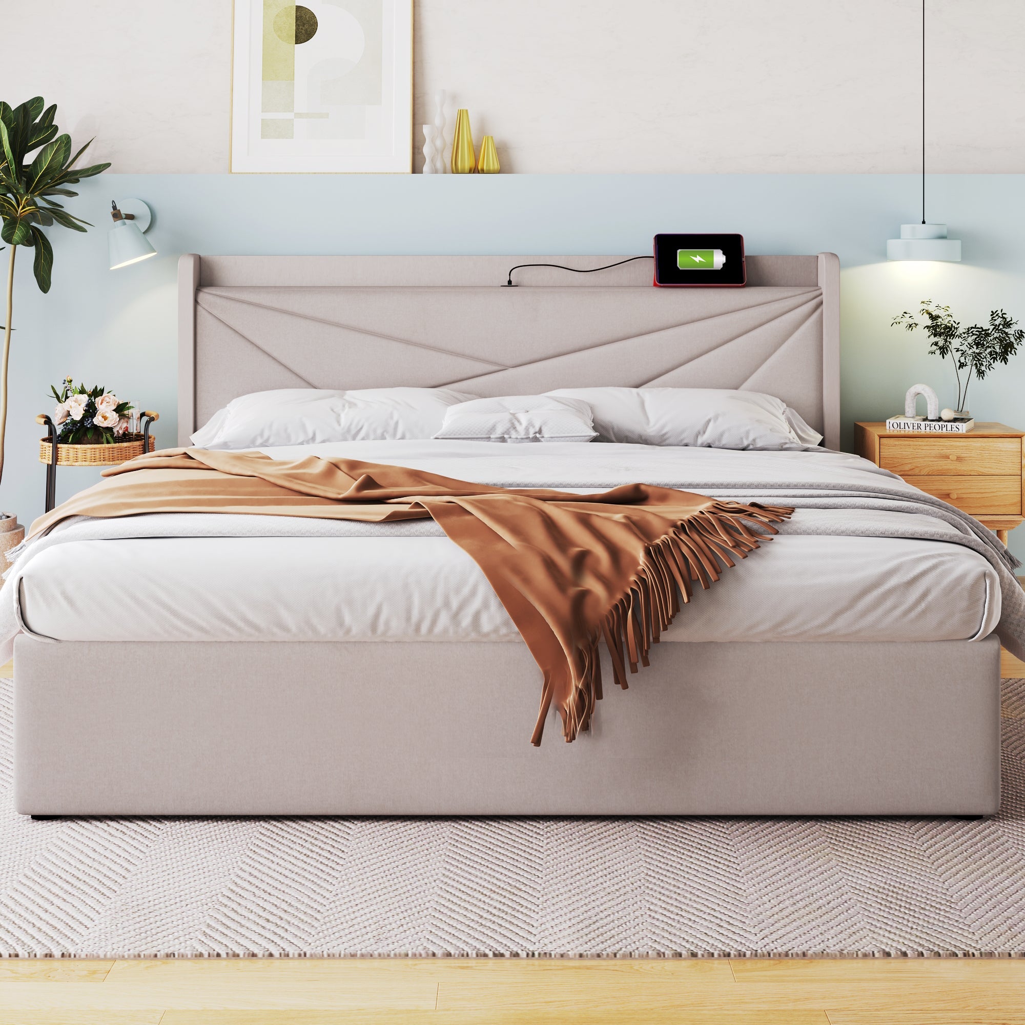 Logidon gestoffeerd bed 140x200 beige met opbergruimte en USB C oplaadfunctie