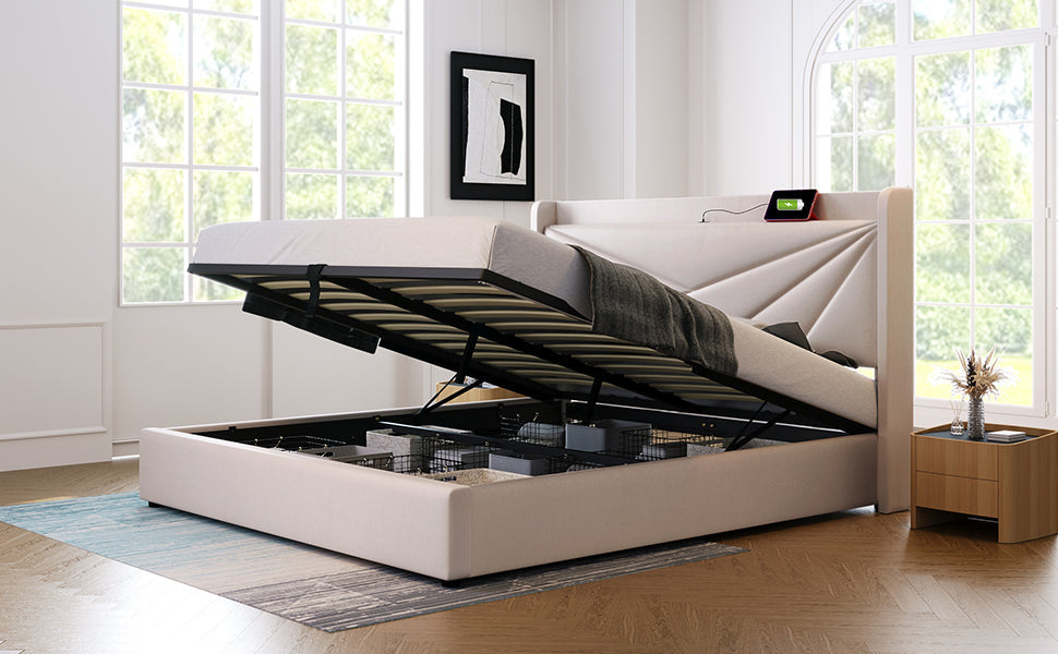 Logidon gestoffeerd bed 160x200 beige met USB Type C oplaadfunctie opbergruimte