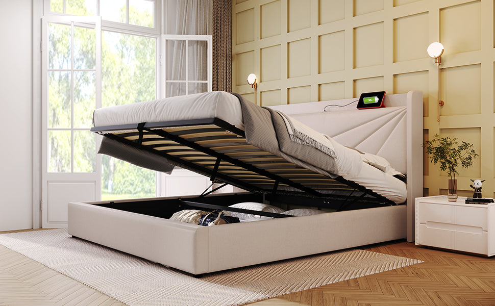 Logidon gestoffeerd bed 160x200 beige met USB Type C oplaadfunctie opbergruimte