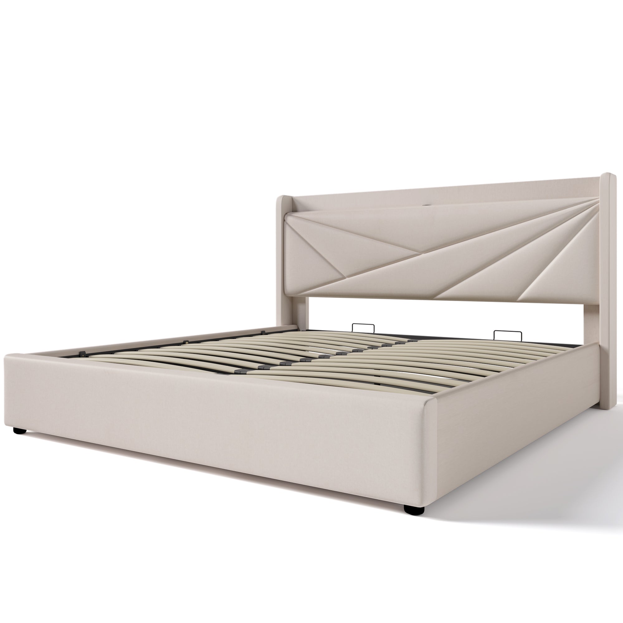 Logidon gestoffeerd bed 140x200 beige met opbergruimte en USB C oplaadfunctie