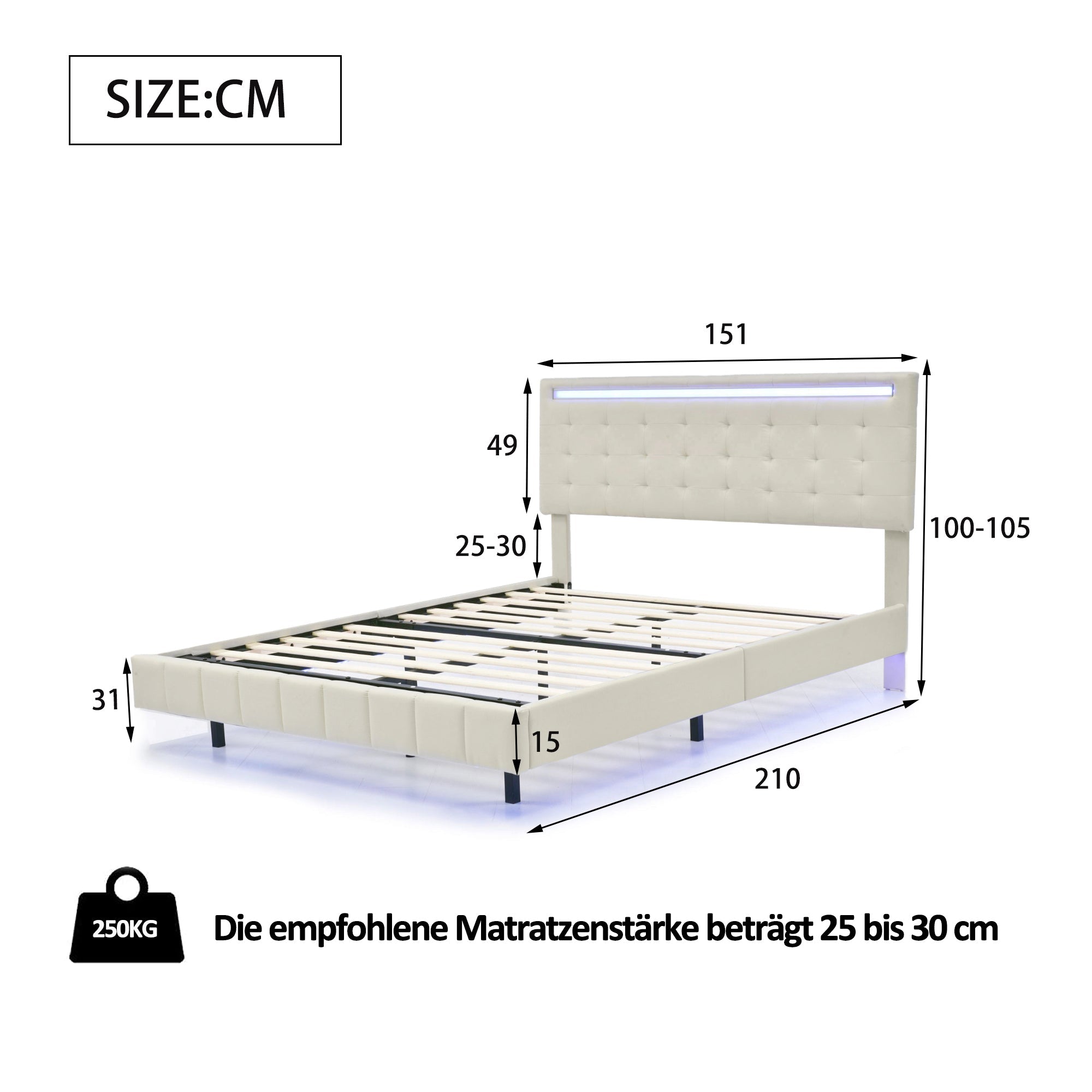 Logidon gestoffeerd bed 140x200 beige met LED-verlichting en hoofdborddesign