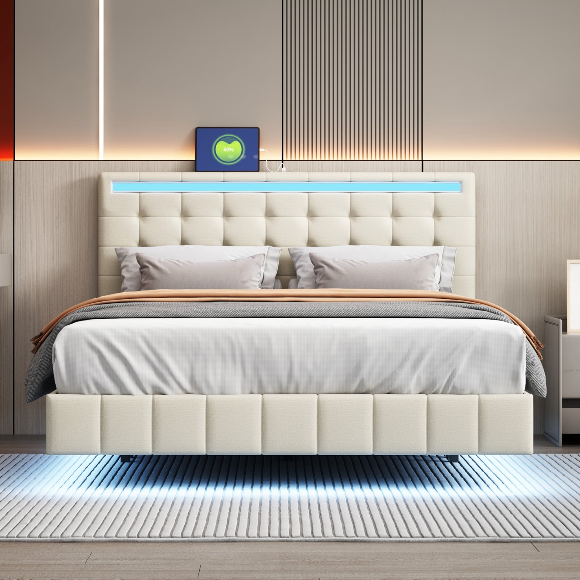 Logidon gestoffeerd bed 140x200 beige met LED-verlichting en hoofdborddesign