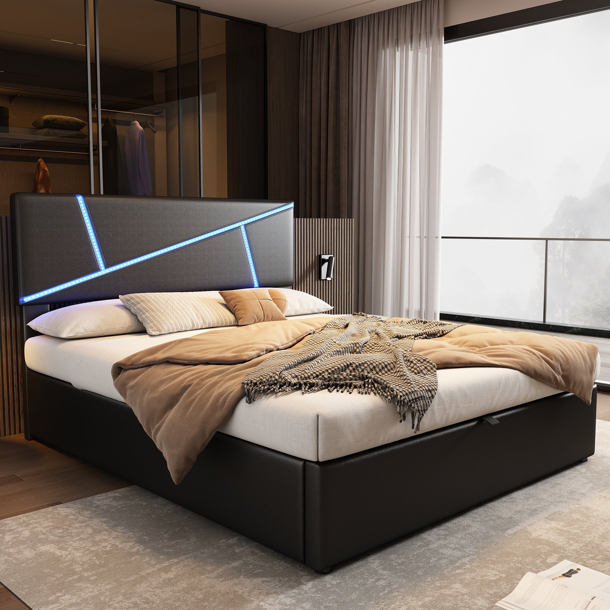 Logidon comfortabel gestoffeerd bed 90x200 zwarte LED-lichtstrips