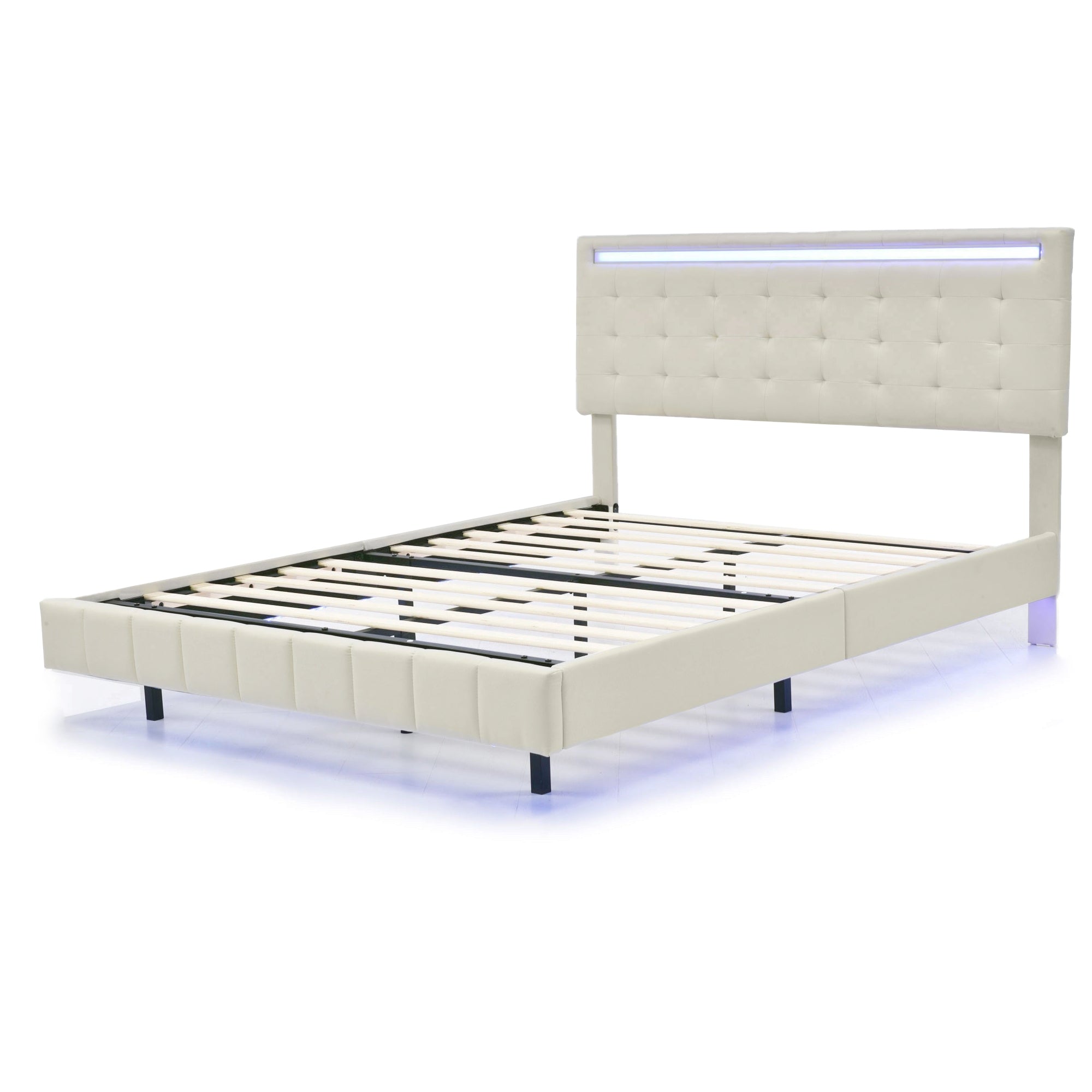 Logidon gestoffeerd bed 140x200 beige met LED-verlichting en hoofdborddesign