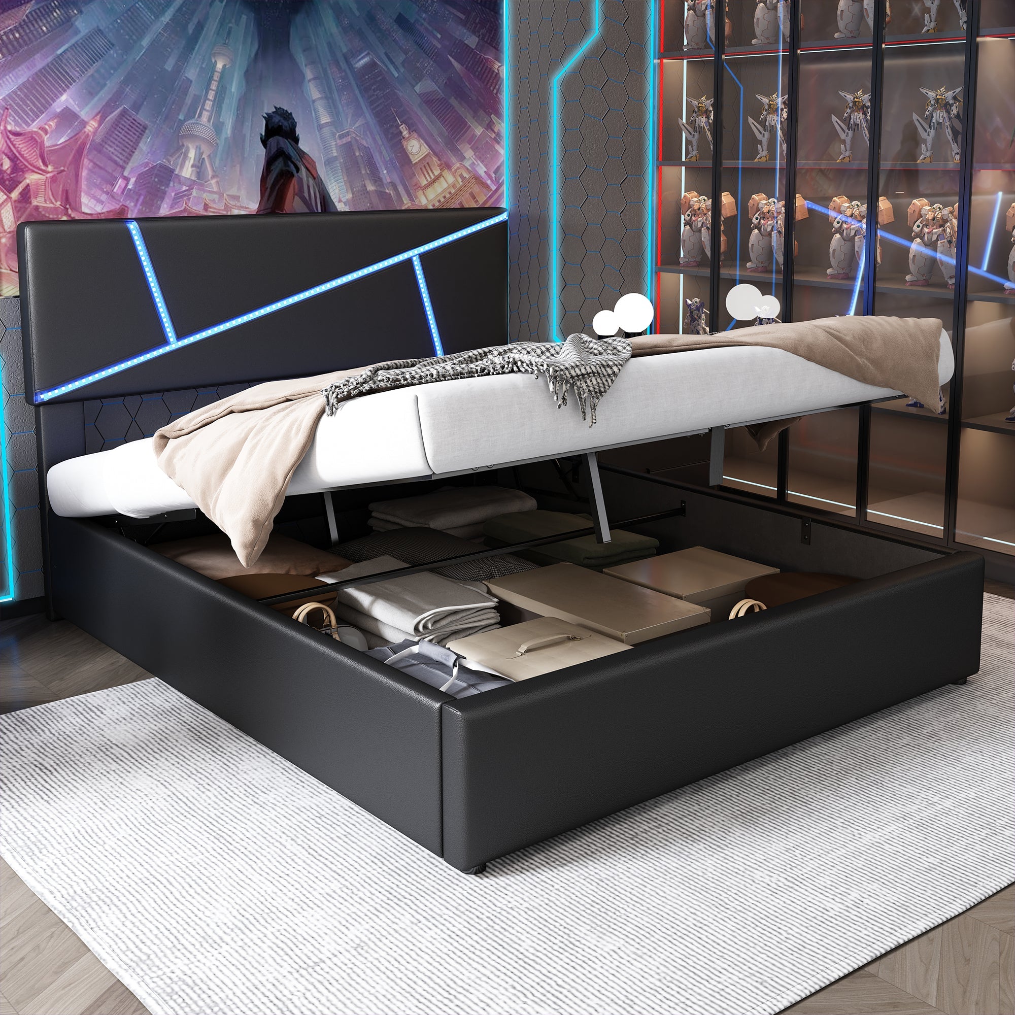 Logidon comfortabel gestoffeerd bed 90x200 zwarte LED-lichtstrips