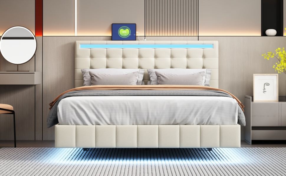 Logidon gestoffeerd bed 140x200 beige met LED-verlichting en hoofdborddesign