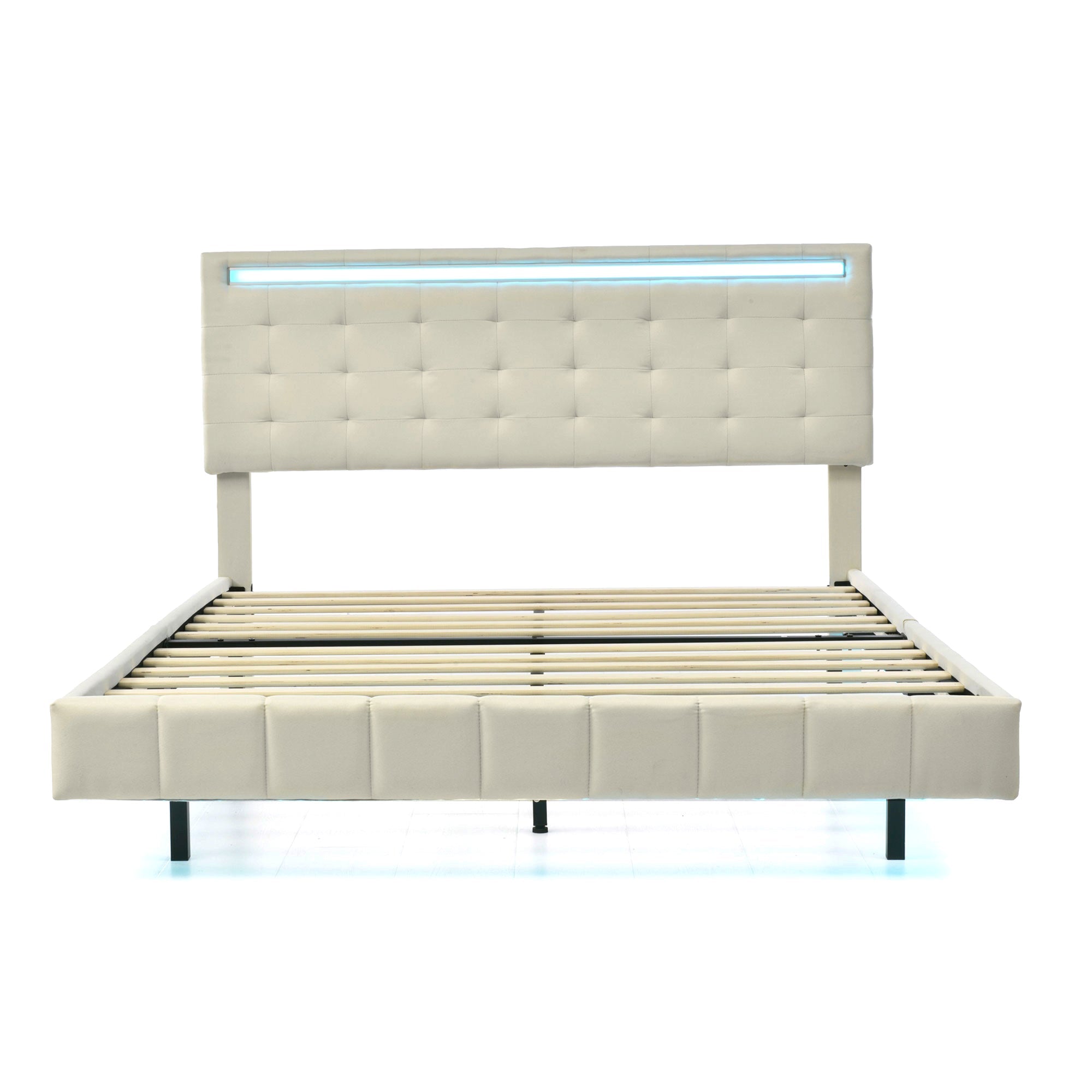Logidon gestoffeerd bed 140x200 beige met LED-verlichting en hoofdborddesign