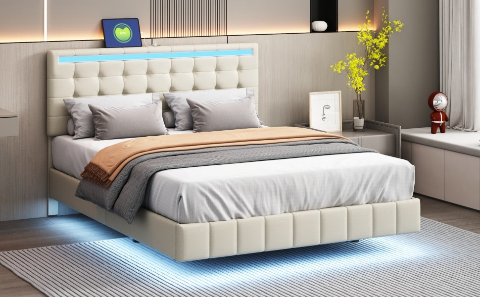 Logidon gestoffeerd bed 140x200 beige met LED-verlichting en hoofdborddesign