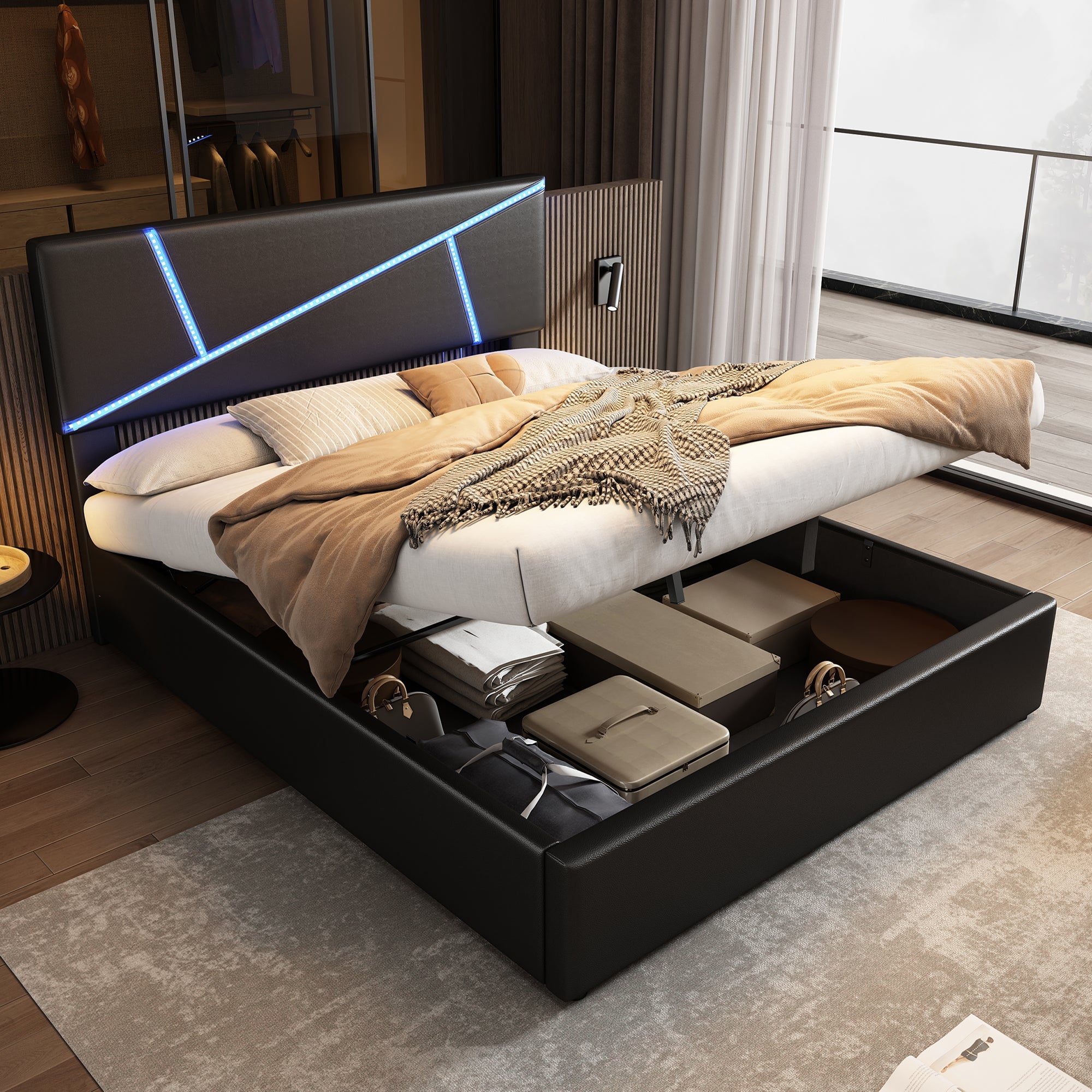 Logidon comfortabel gestoffeerd bed 90x200 zwarte LED-lichtstrips
