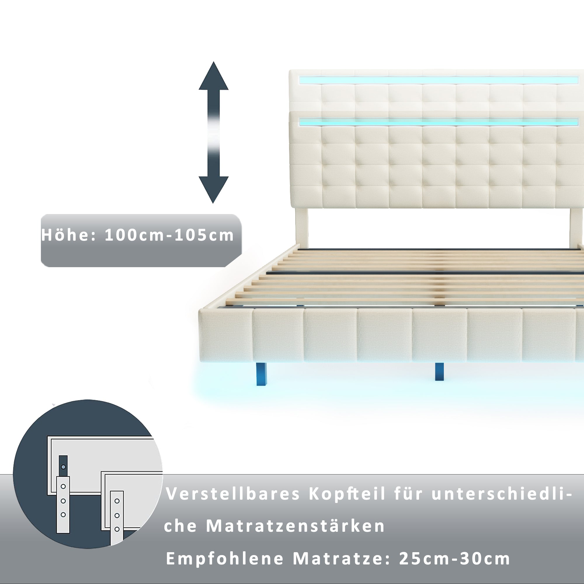 Logidon gestoffeerd bed 140x200 beige met LED-verlichting en hoofdborddesign