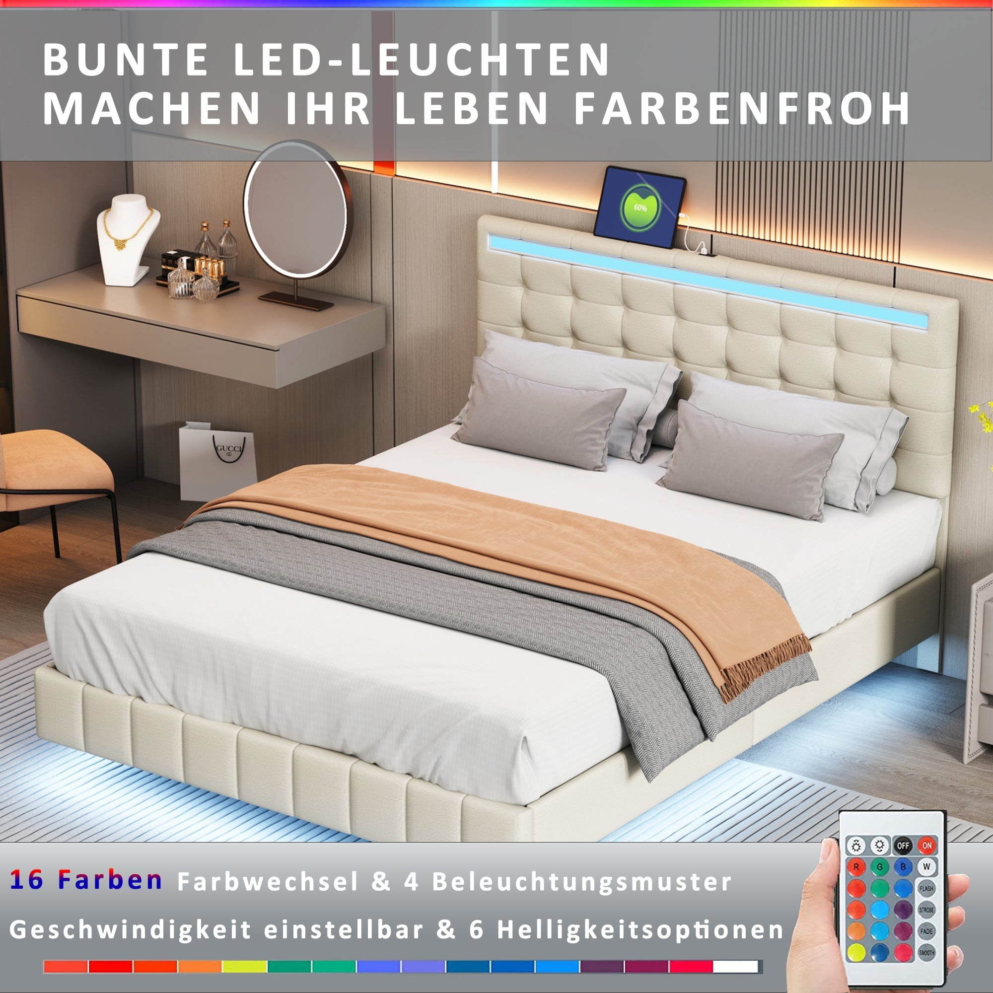 Logidon gestoffeerd bed 140x200 beige met LED-verlichting en hoofdborddesign