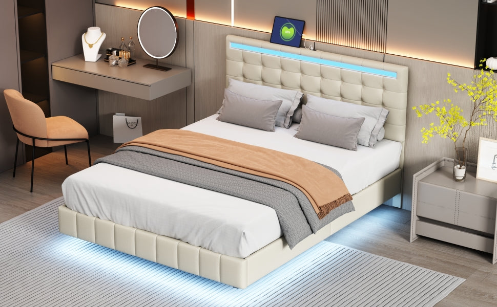 Logidon gestoffeerd bed 140x200 beige met LED-verlichting en hoofdborddesign