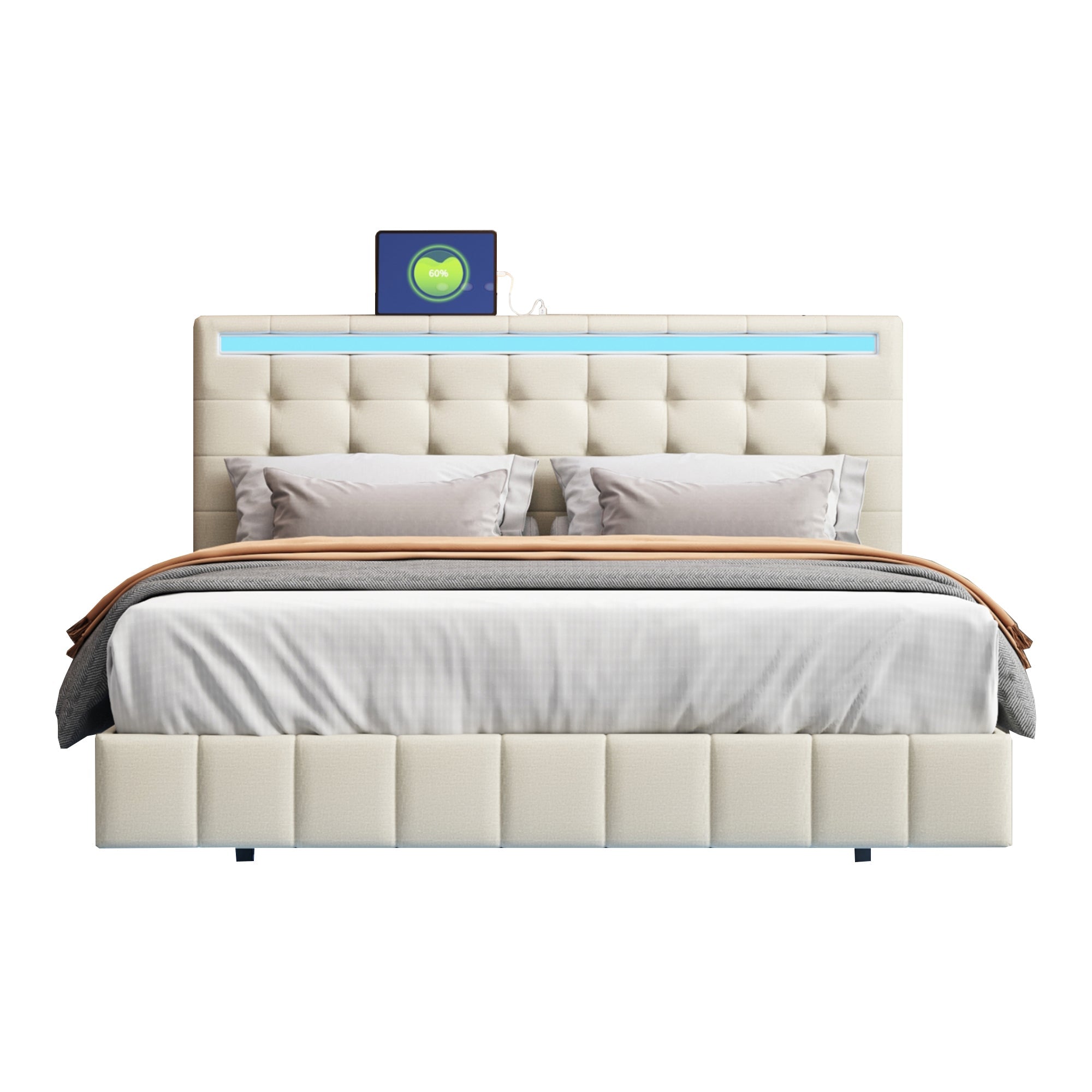 Logidon gestoffeerd bed 140x200 beige met LED-verlichting en hoofdborddesign