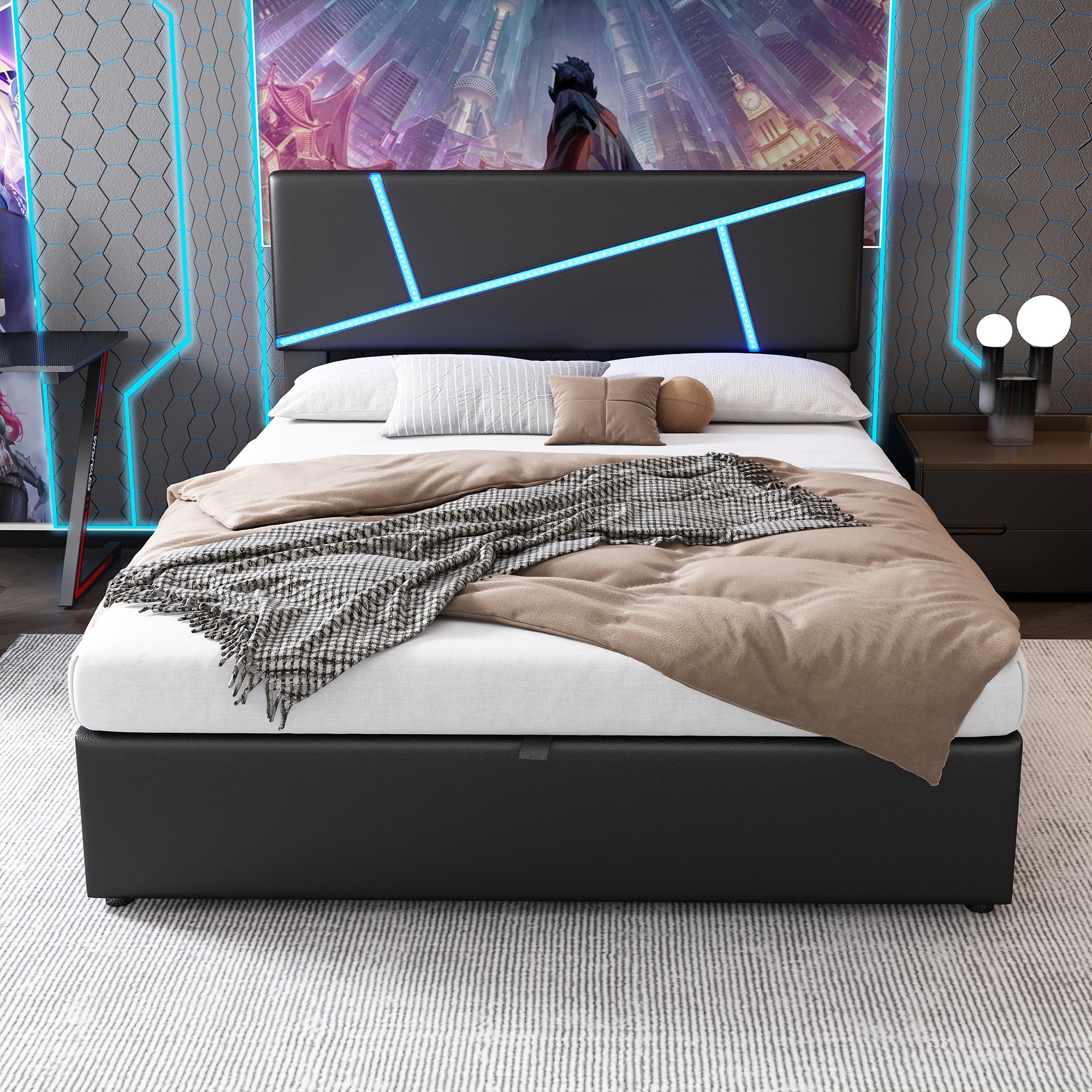 Logidon comfortabel gestoffeerd bed 90x200 zwarte LED-lichtstrips