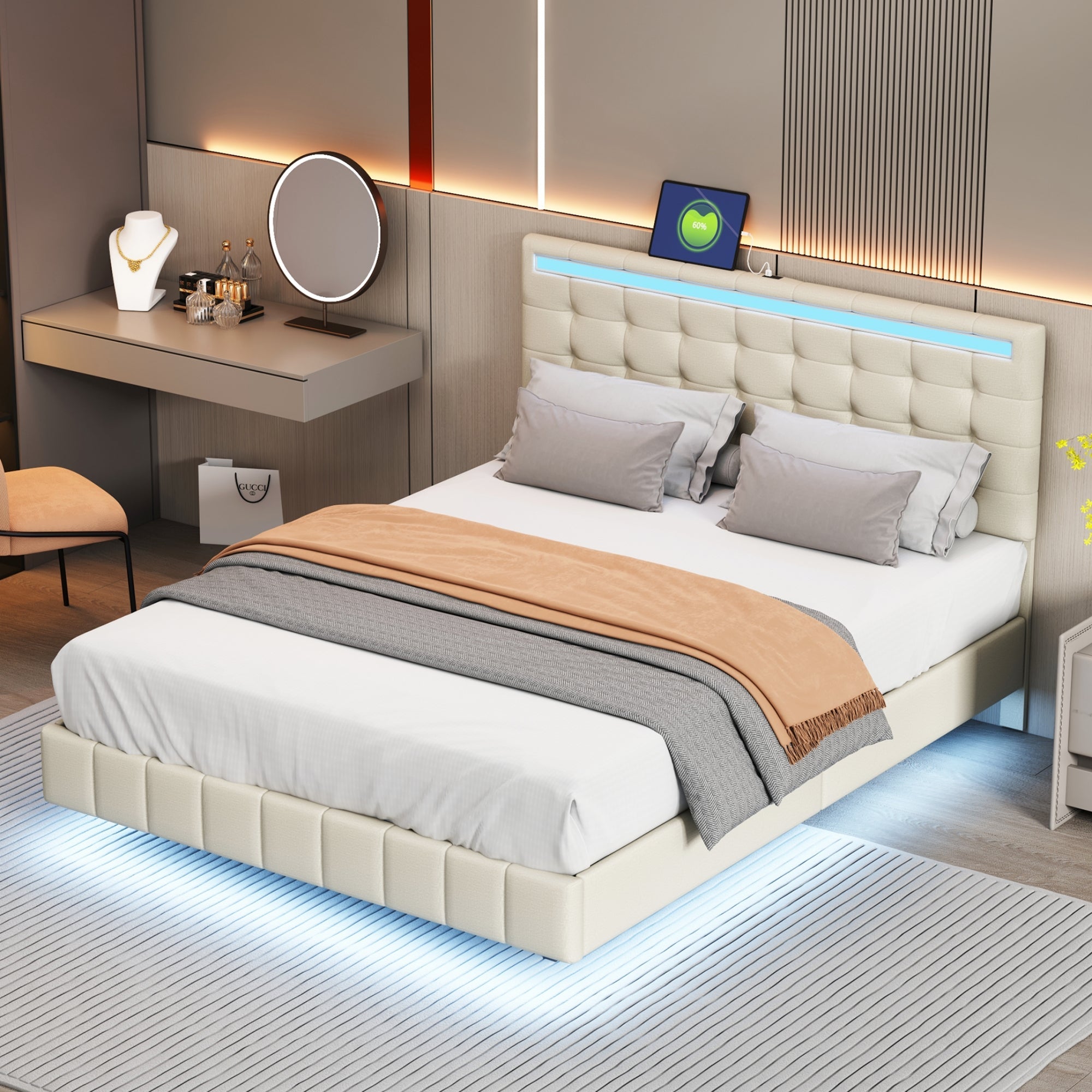 Logidon gestoffeerd bed 140x200 beige met LED-verlichting en hoofdborddesign